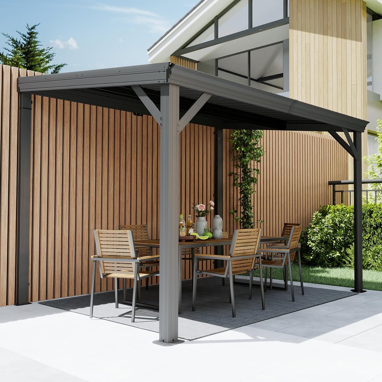 Domi 8’x10’ Lean-to Gazebo, Hardtop Wall-Mounted Gazebo Pergola with Sloping Galvanized Steel Roof and Upgraded Drainage System, Outdoor Permanent Metal Shelters for Patio Backyard Deck, Grey