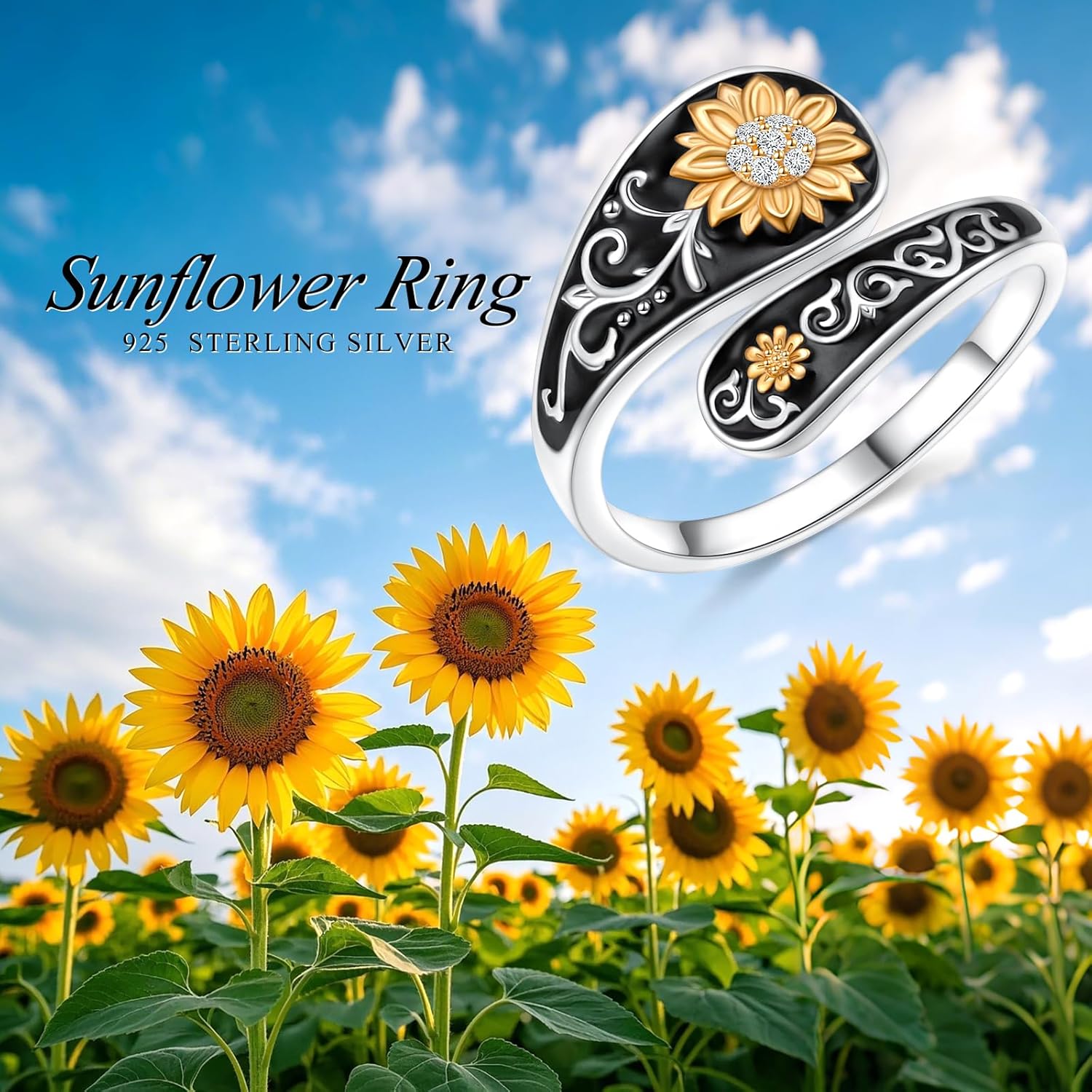 FLYOW Sterling Silver Sunflower Spoon Ring Victorian Style Boho Antique Flower Adjustable Open Ring Retro Statement Cubic Zirconial/Turquoise/Oxidized Thumb Rings for Women Birthday Christmas Jewelry