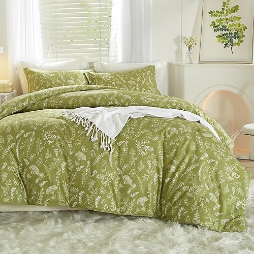 mixinni Olive Green Comforter Set Queen Vintage Style Garden Floral Bed Comforter Queen 100% Washed Microfiber Bedding Set for Him and Her-Queen Size