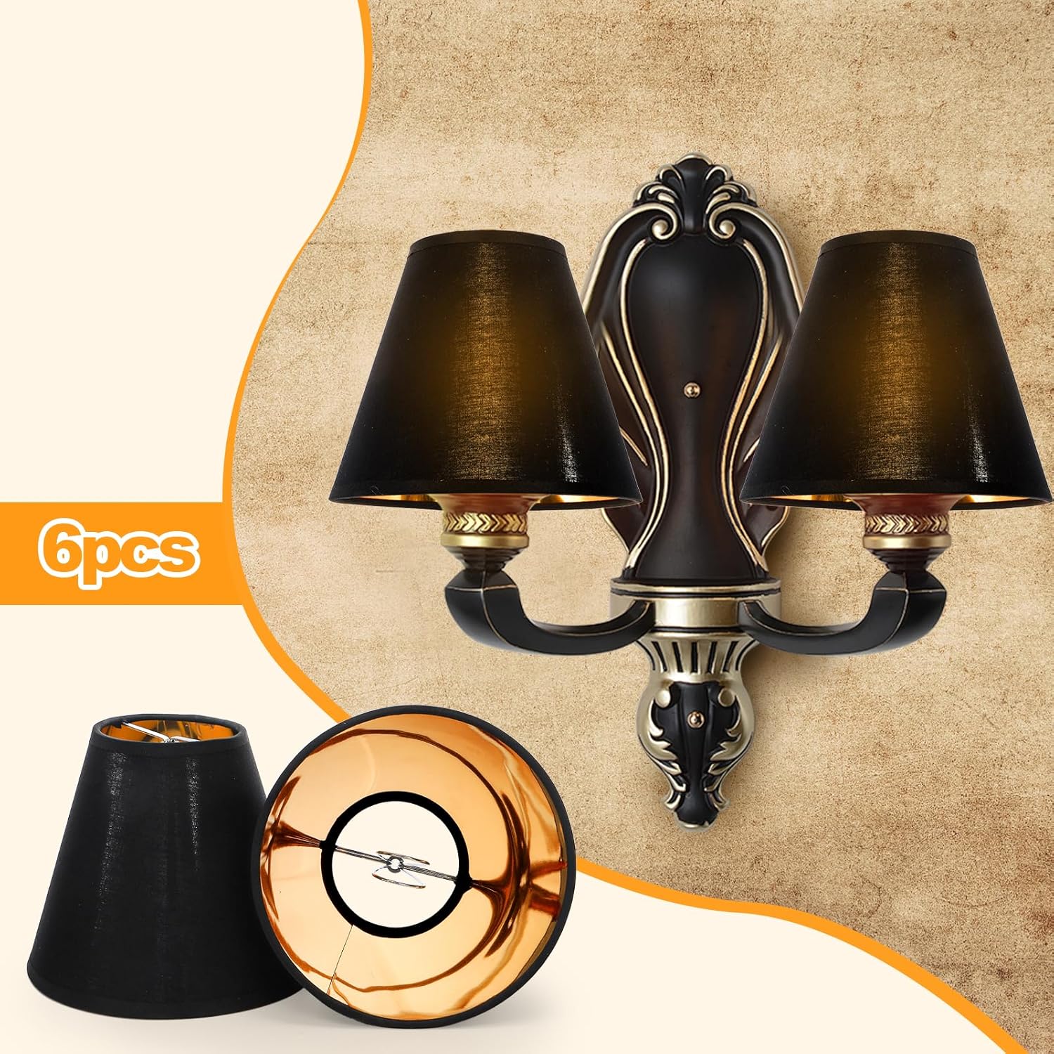 WUWEOT 6 Pack Chandelier Shades, Black Barrel Lampshades, 3" x 5.9" x 5" Small Fabric Replacement Lamp Shade Cover Clip-on for Table Chandelier Wall Lamp