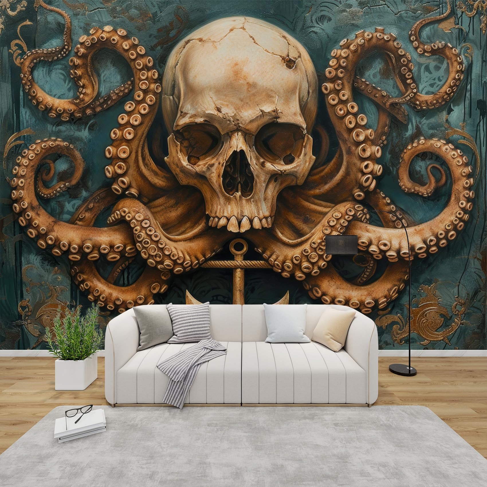 QEODAH Skull Mural Wallpaper for Living Room, Gothic Octopus Wall Art for Bedroom, Nautical Anchor Wall Murals for Bedroom, Renter Friendly Removable Waterproof Photo Wallpaper 3D, 400x280 cm