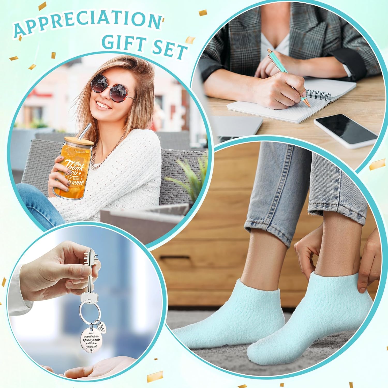7 Pcs Employee Appreciation Gift for Women Thank You Gift May You Be Proud Journal Makeup Bag Glass Tumbler Socks Ballpoint Pen Keychain for Women Coworker Teacher Employee Nurse(Blue Green) - Image 7
