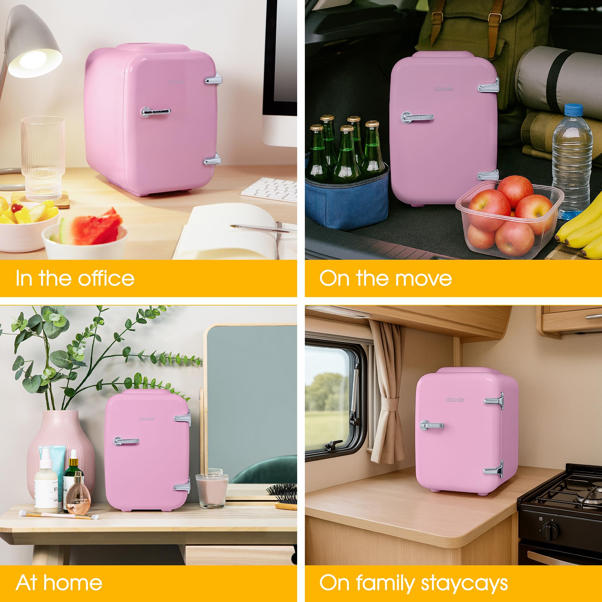 Abode Pink Mini Fridge A4CLR201P 4L/6 Can Portable Thermoelectric Mini Cooler & Warmer for Drinks, Cosmetics/Makeup/Skincare, AC/DC Power, Retro Style, For Bedroom, Home, Caravan, Car — view 6
