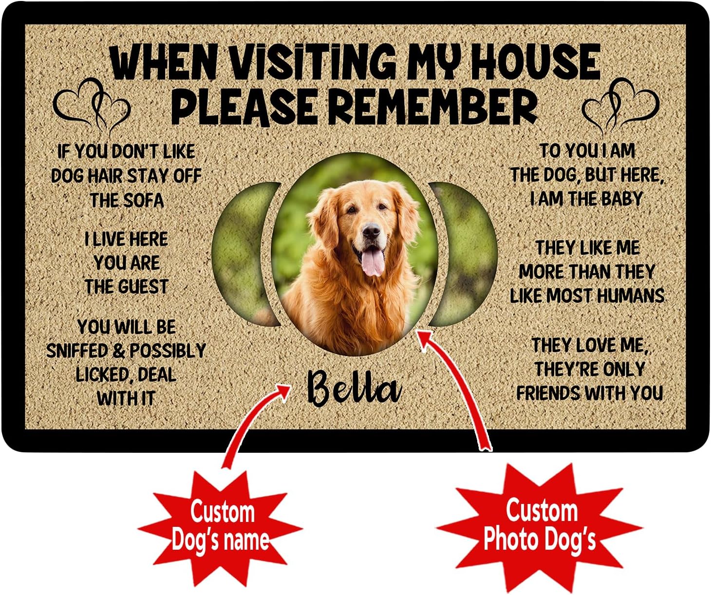 DH42111 When Visiting My House Remember, Personalized Heart Photo Doormat Gifts for Dad Mom Dog Lover, Unique Rule Welcome Home Decor on Mothers Christmas Fathers Day Sand Doormat 24x16 30x18