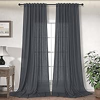 Vista 37 de Cortinas blancas estilo casa de campo de 108 pulgadas de largo para la sala de estar; juego de 2 paneles con pestaña trasera, bolsillo para barra