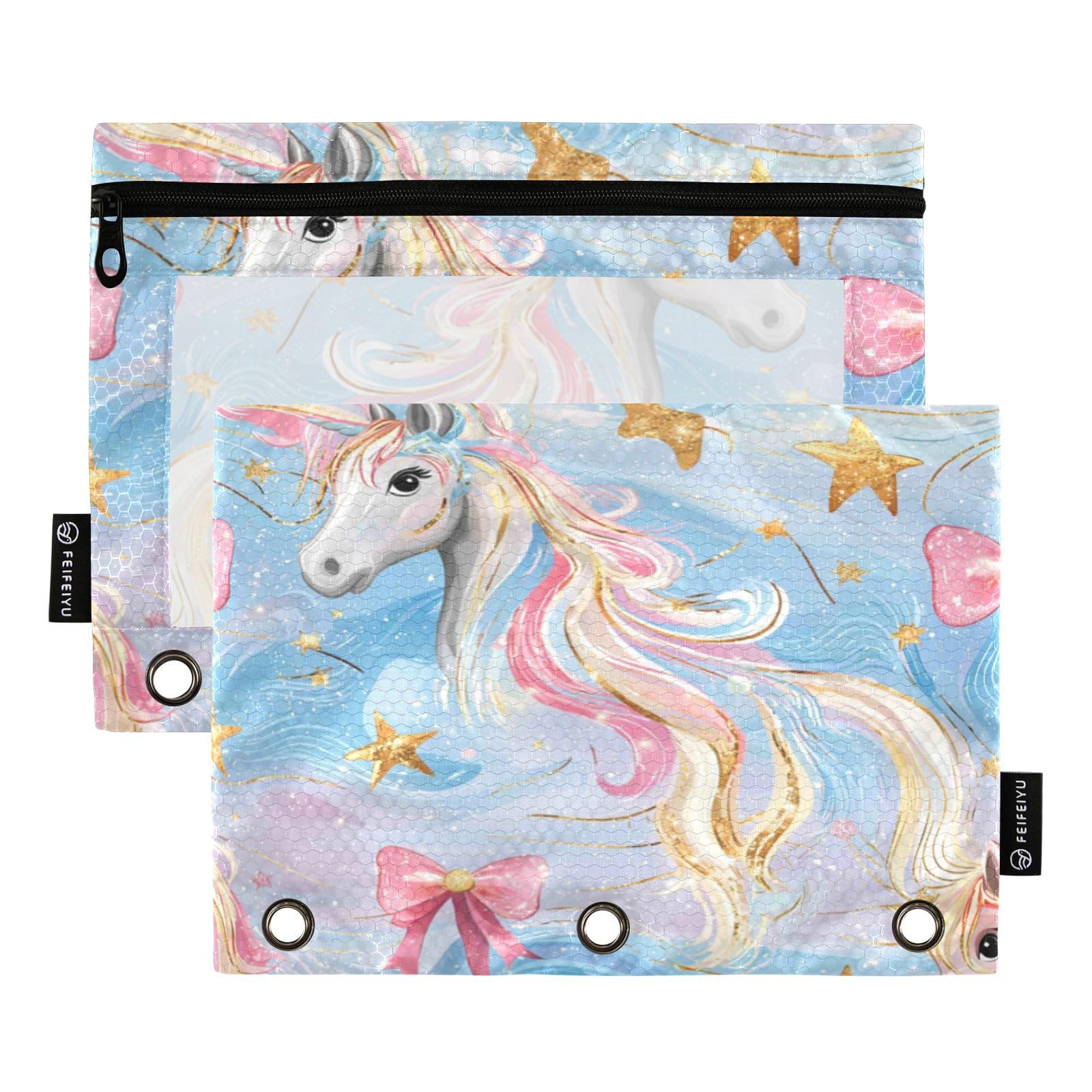 Cute Color Bows Unicorns (1) Pencil Pouch for 3 Ring Binder 2 Pack Binder Pouches Clear Window Zipper Pencil Case Cosmetic Bags Organizer College for Kids School Office