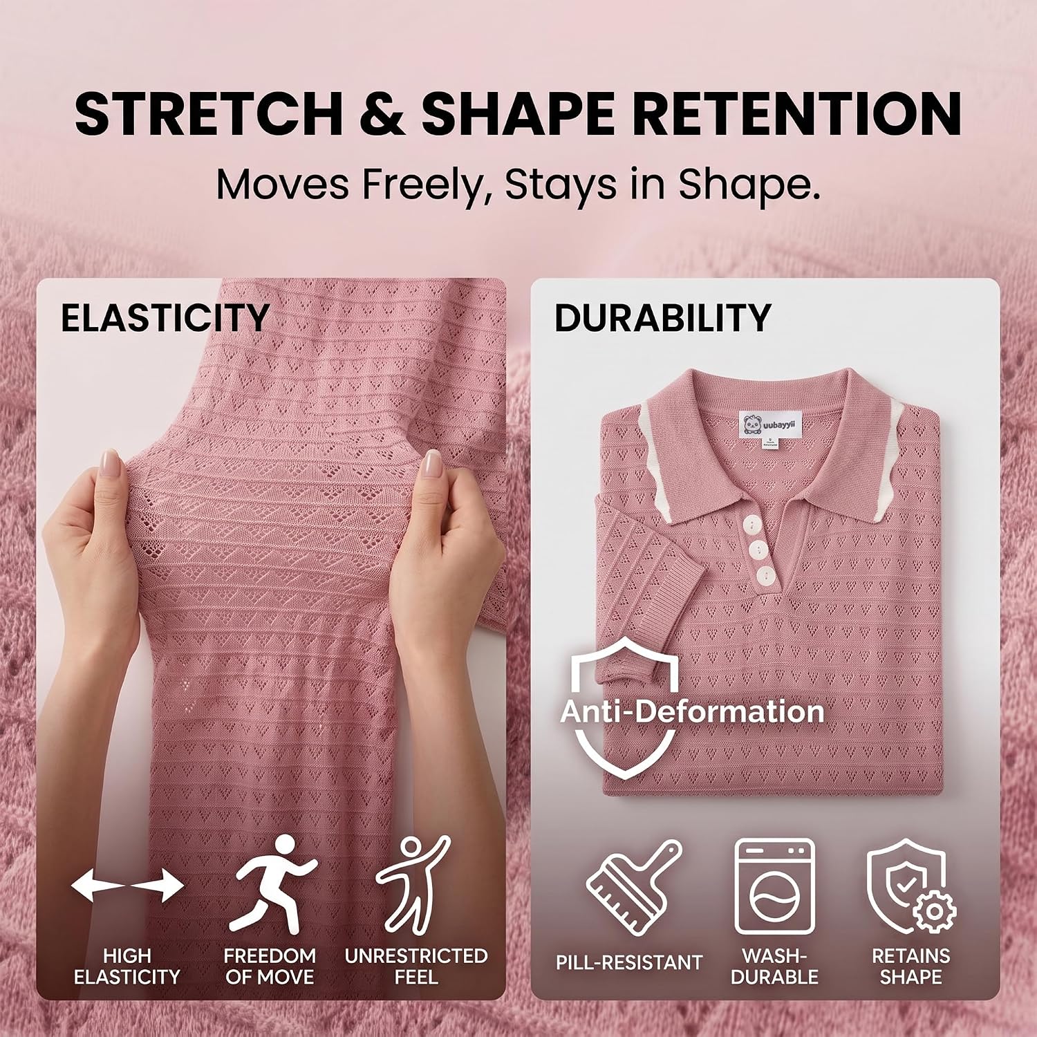 Women Short Sleeve Sweater Tops Lapel V Neck Polo Shirts Pink
