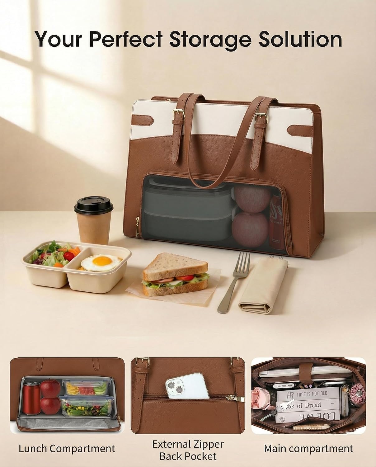 RAINSMORE 2-in-1 Laptop Bag for Women with Insulated Lunch Compartment 15.6 Inch PU Leather Work Tote for Teachers Nurses, Professional Water-Resistant Business Briefcase for Office & Travel