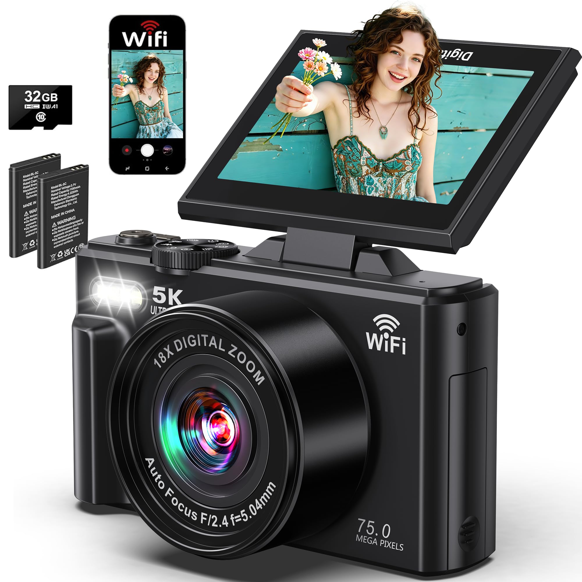 Digital Camera 5K WiFi Cameras for Photography 75MP UHD Autofocus Vlogging | 5K 75MP WiFi Camera for YouTube, Compact Travel Video Camara Beginner, 3" 180° Flip Screen, 18X Zoom, Memory Card, Batteries-picture-17