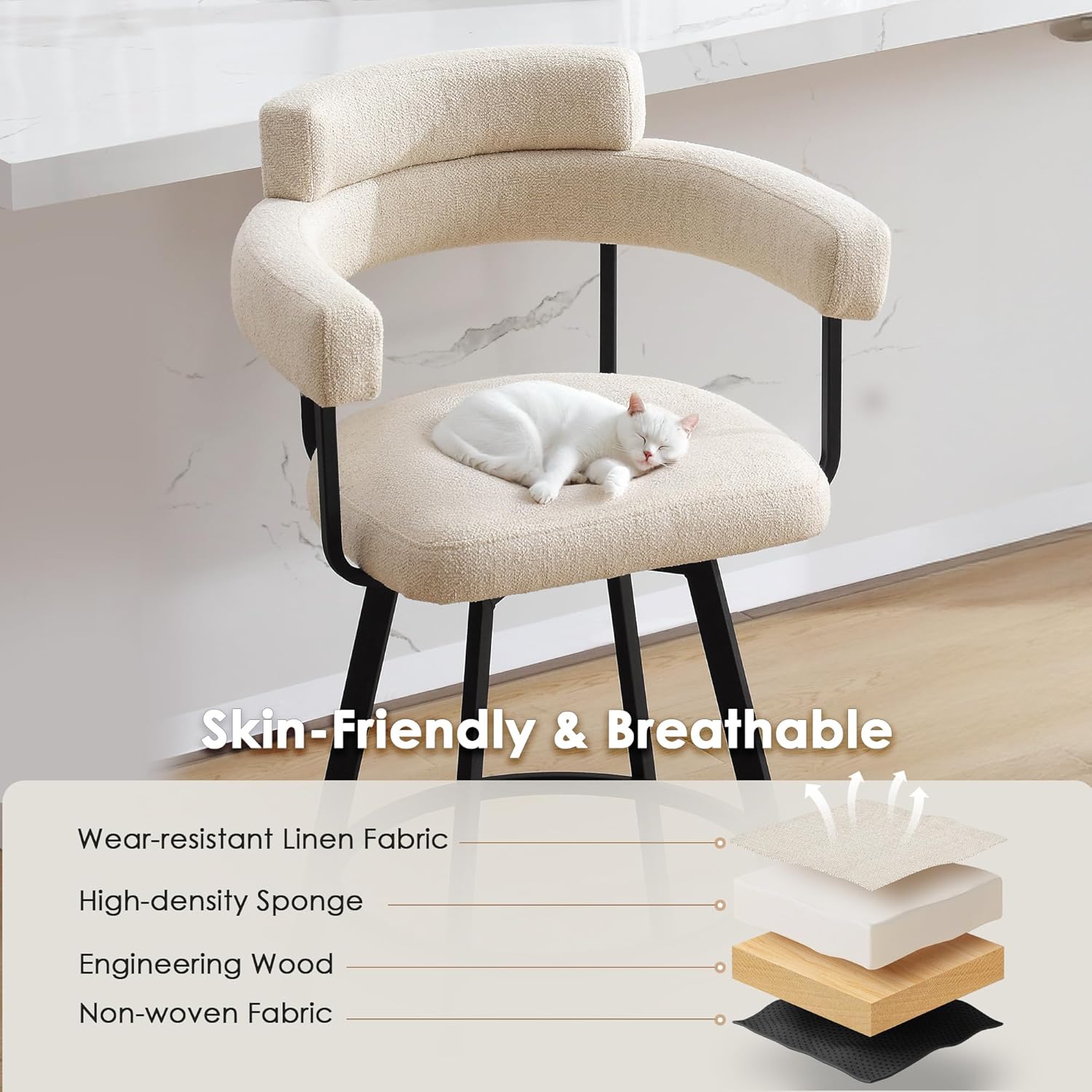 26’’ Swivel Counter Height Stools with Round Back, Fabric Upholstered Bar Stools with Metal Legs, Armrest, Modern Counter Stools for Kitchen Island, Dining Room (Beige, Set of 2)