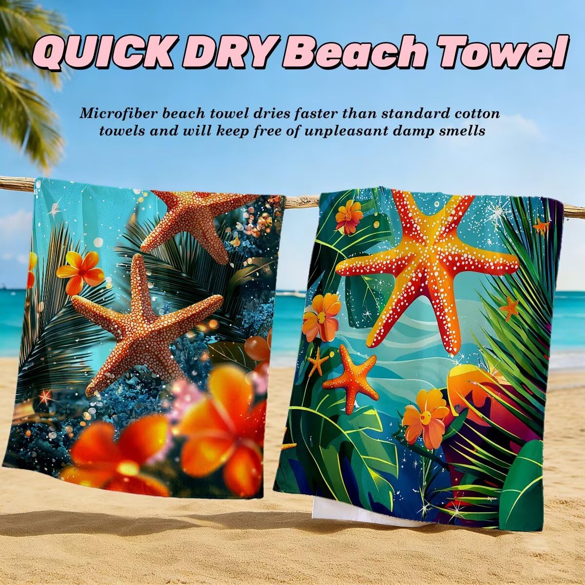 Toalla Playa 100x220 cm, Toalla Gimnasio Microfibra Secado Rapido, Juego de 2 Antiarena Toallas de Playa, Ligera Compacta Toallas Microfibra Grande, Regalo Hombre Regalo Mujer (Estrella de mar) -4973