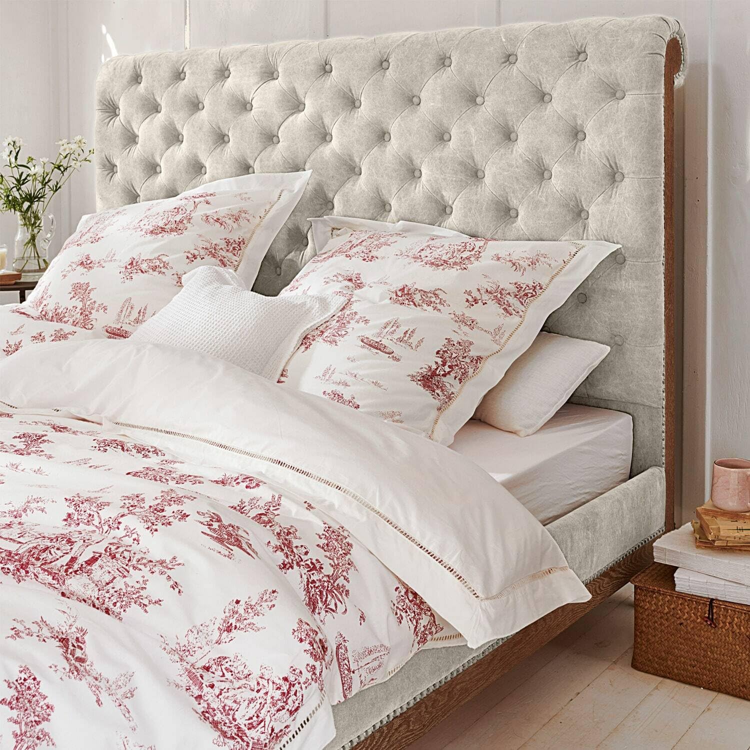 Loberon Toile Rouge Biancheria da Letto - Puro Cotone - Tipico Motivo Tela de Jouy, Bianco/Rosso