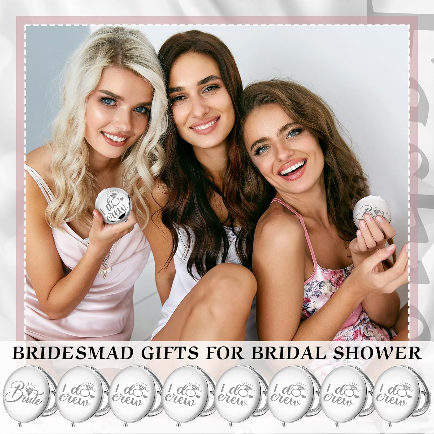Barydat 10 Pieces Bridesmaid Gifts Set Magnifying Compact Mirror Bride I Do Crew Bridesmaid Proposal Gifts Travel Small Mirror for Purse Makeup Pocket Present for Women Wedding Party (Pink)