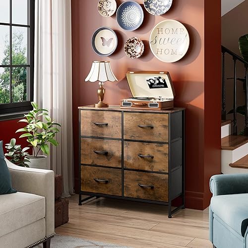Miniatura 4 de WLIVE 6 Drawer Dresser for Bedroom, Fabric Double Dresser, Storage Tower with Fabric Bins, Chest of Drawers for Closet, Living Room, Hallway, Rustic