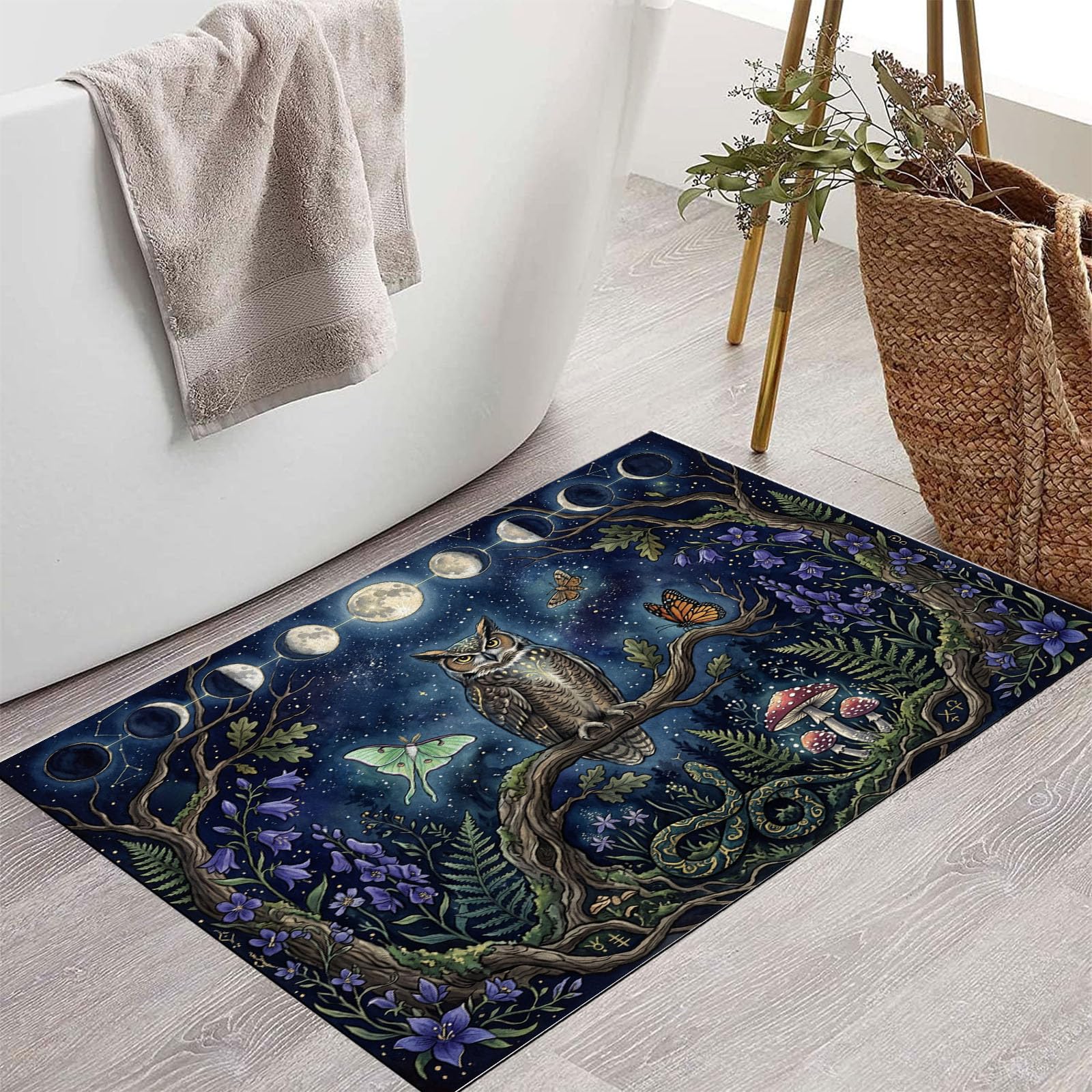 60X90Cm Zerbino Ingresso Interno Antiscivolo Assorbente, Tappeto Microfibra Sottile Lavabile Con Fasi Lunari Misteriose Cielo Stellato Gufo Foresta Incantata Per Cucina Bagno Porta Animali, Blu Navy