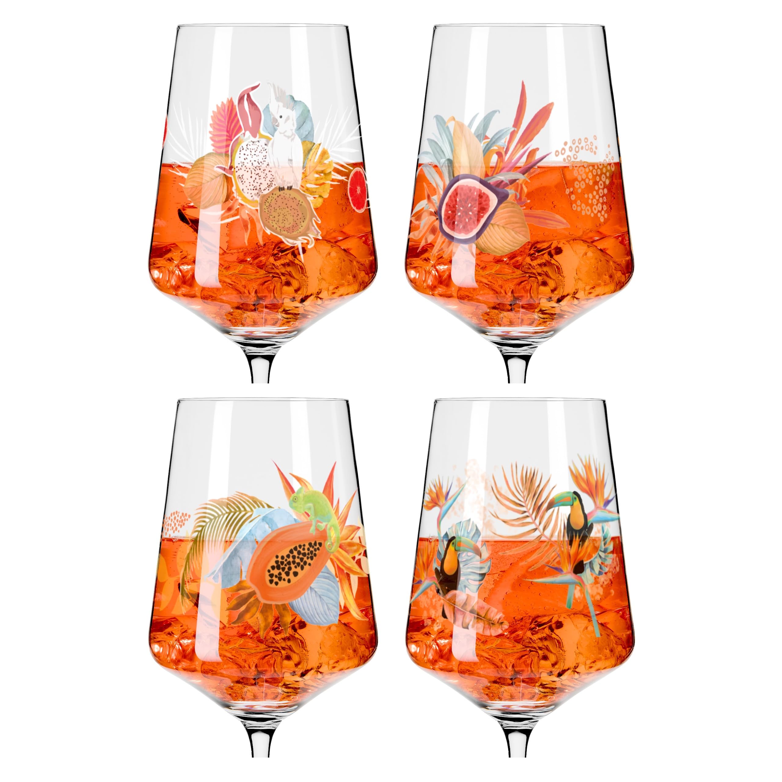 RITZENHOFF 6051004 Szklanki do aperitifu 500 ml - zestaw 4 szt. - seria Sommerrausch - motyw roślin tropikalnych - Made in Germany, pomarańczowy
