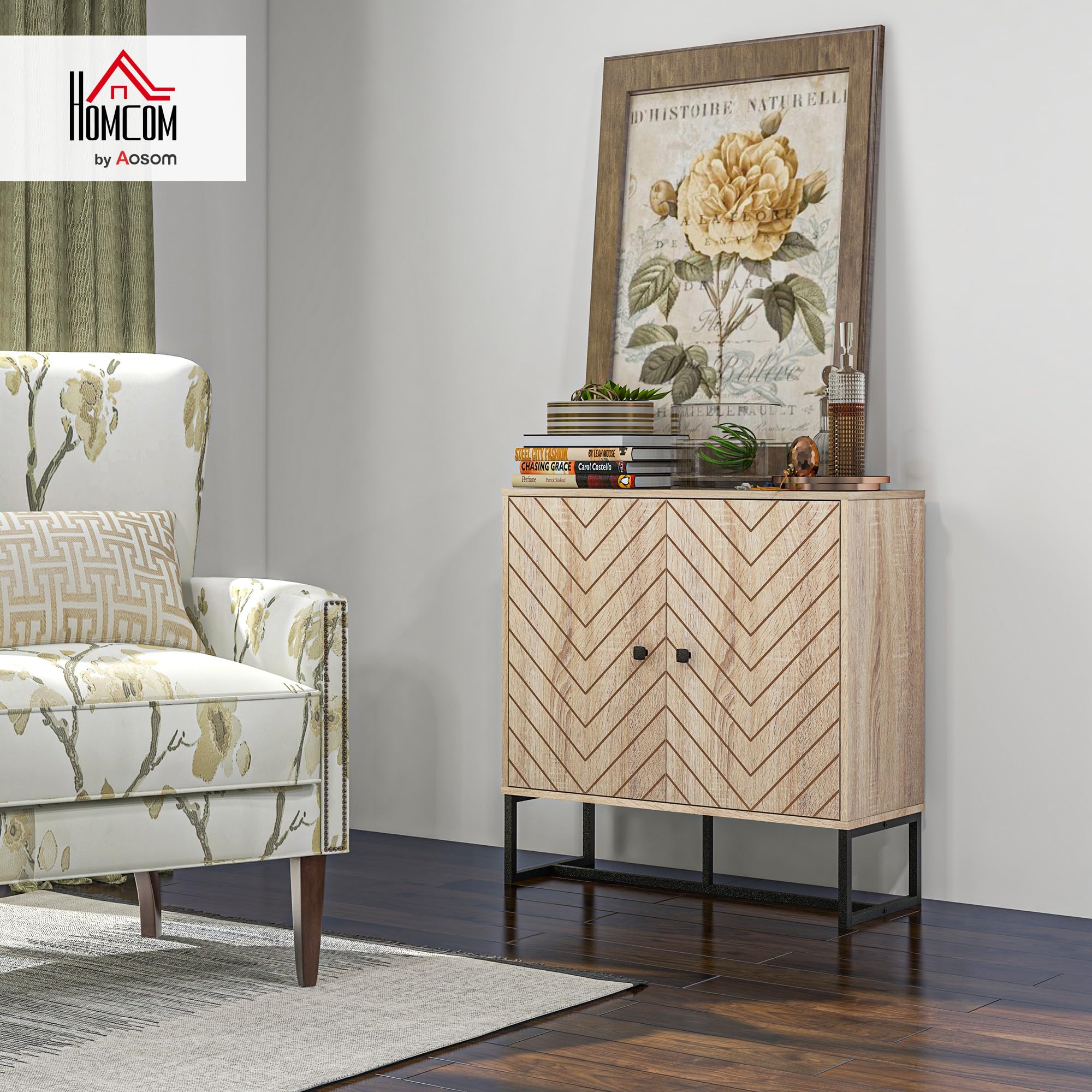 HOMCOM Aparador de 2 Puertas Diseño Chevron 80x29,5x80 cm Roble | Aparador de Salón, Estantes Ajustables, Patas de Metal, Armario para Cocina, Entrada, Dormitorio