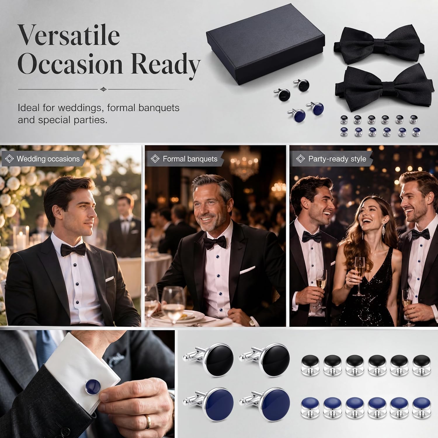 Men’s Tuxedo Studs and Cufflinks Set with Bow Tie, Classic Accessories for Business, Wedding, Anniversary and Birthday Gift