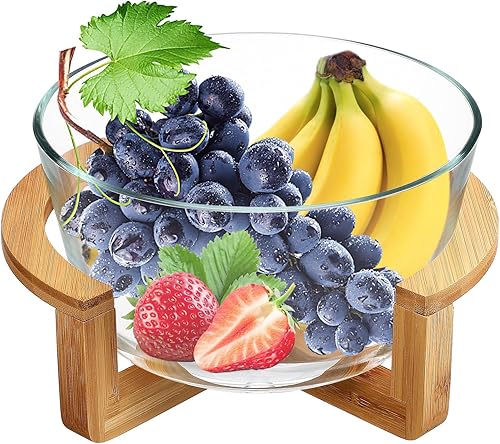 Ensaladera grande de vidrio con base de madera, 84.5 fl oz, resistente al calor, para frutas, aperitivos, postres, microondas y lavavajillas, ideal