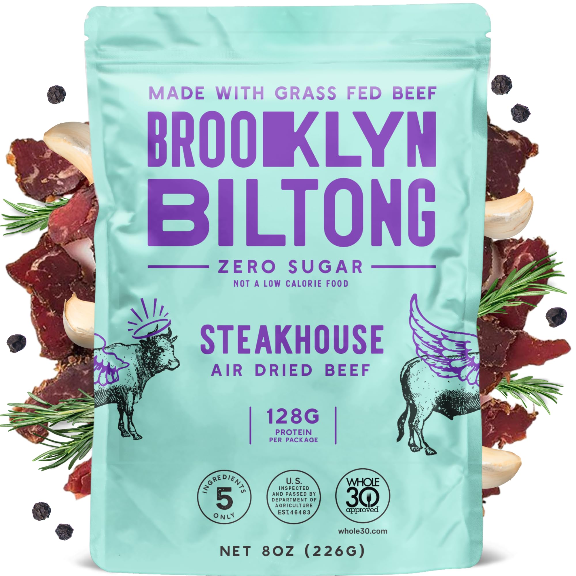 Brooklyn Biltong Air Dried Grass Fed Beef Snack, South African Beef Jerky (8 oz, Pack of 1) - Whole30 Approved, Paleo, Keto, Gluten Free, Sugar Free, Made in USA - (Steakhouse)