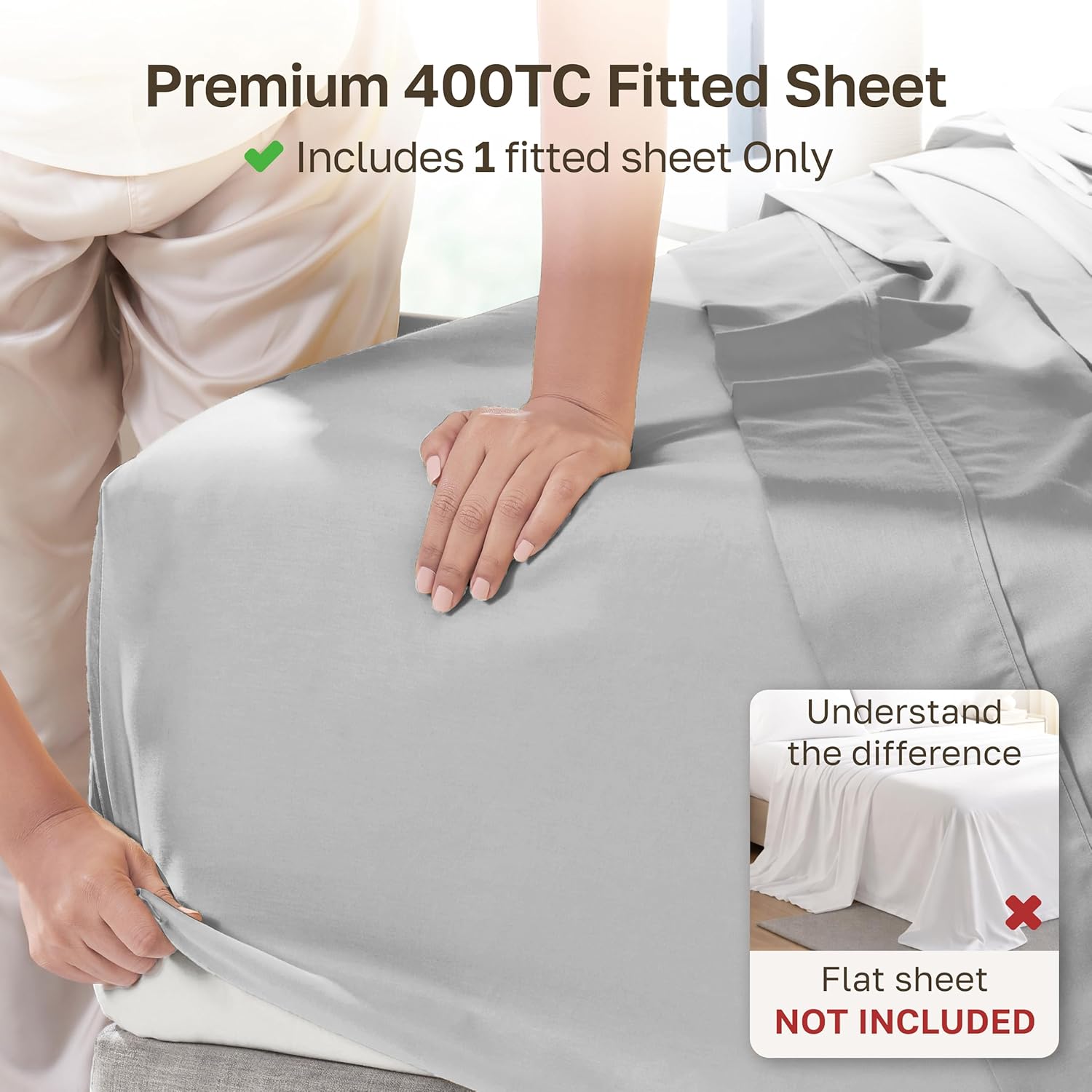  Soft 100% Cotton Sateen Twin Fitted Sheet, Grey Light | 400 Thread Count Backed by Good Housekeeping Seal, All-Around Elastic, No-Pop Fit, Durable, OEKO-TEX thumbnail