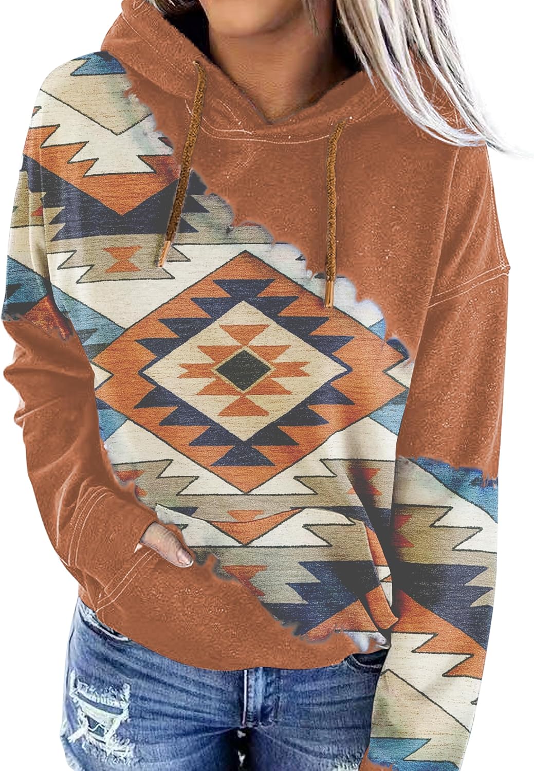 Lanaoree Women's Geometric Horse Print Aztec Hoodie Pullover Cowgirl Western Ethnic Rhombus Printed Hooded Sweatshirt