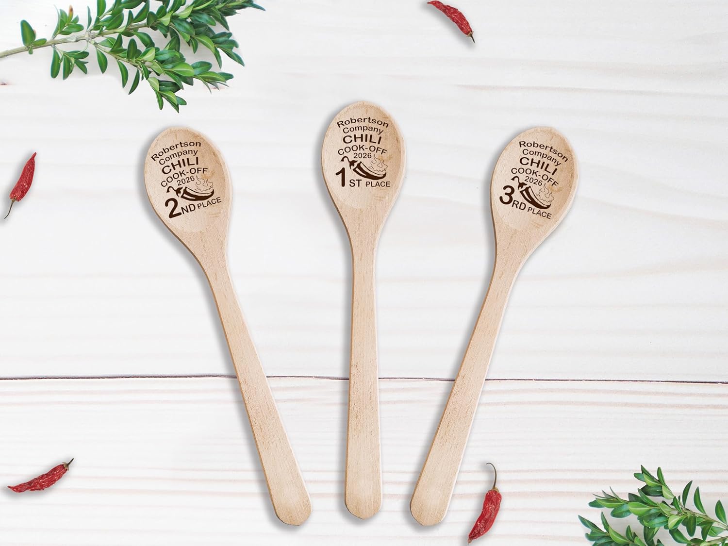 Chili Cook Off Spoon Prize Personalized Wood Chili Trophy Cooking Champion Award 1st 2nd 3rd Place Best Dessert Custom Company Name Engraved Spoon (3 Spoons + 3 Bags)