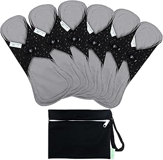 wegreeco 6 Pcs Reusable Menstrual Pads, Ultra Absorbent Cloth Pads for Heavy Flow, Sanitary for Teens, Women, Nonslip, Grey Inner, Black Outer, Medium
