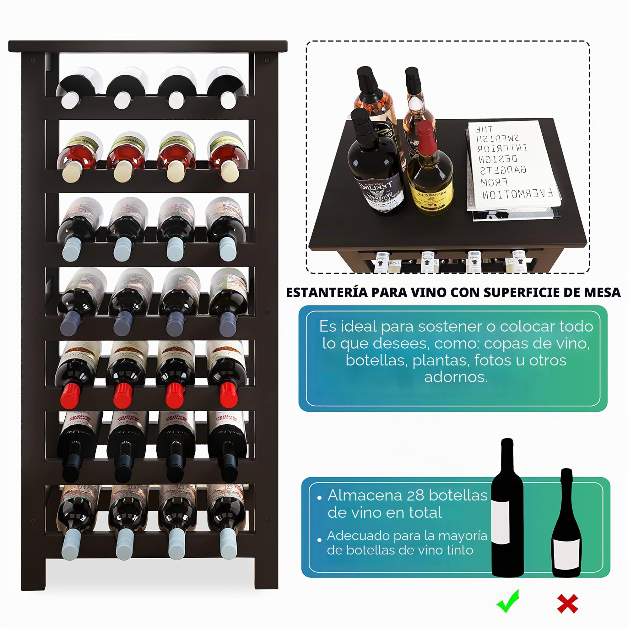 SMIBUY Botellero de bambú, Soporte para 28 Botellas con Parte Superior de Mesa, estantes de Almacenamiento Independientes de 7 Niveles para Cocina, despensa, Bodega, Bar (Negro)