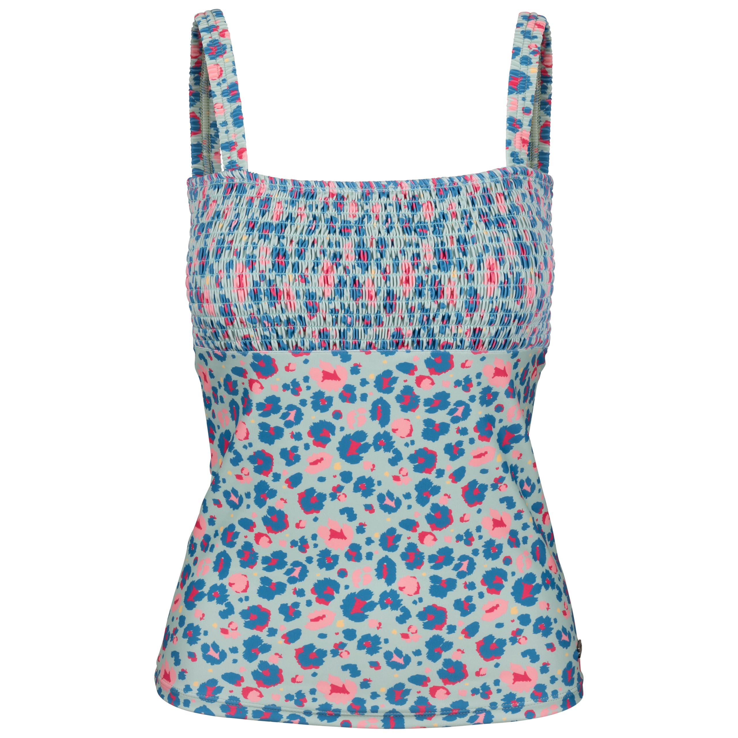 Trespass Women's Light Sage Abstract Leopard Print Ruched Bust Swim Top Elastic Shoulder Strap Tankini Top Annabel
