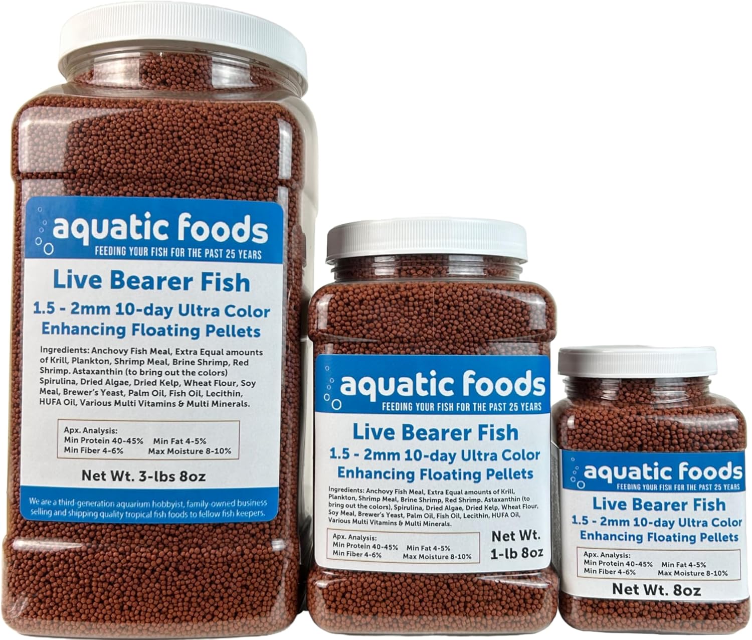 Aquatic Foods Inc. Live Bearer Ultra Red Color Enhancing 1.5mm-2mm Floating Pellets. Color Enhancing in 10-Days for Swordtails, Platies, All Live Bearers…3-lbs 8oz Large Jar
