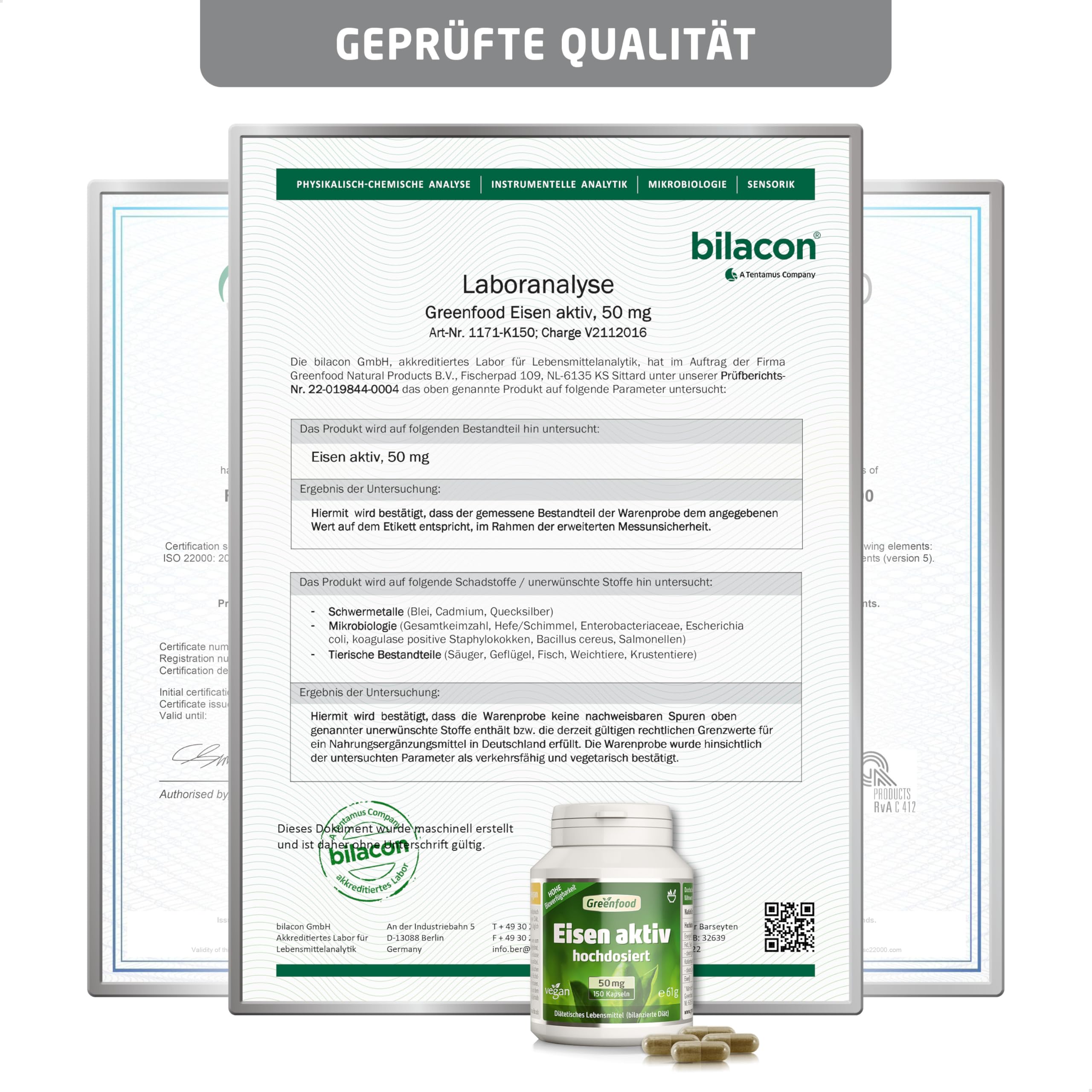 Eisen aktiv, hochdosiert, 50mg - 150 Kapseln, vegan. Eisenbisglycinat + Vitamin C - gegen Eisenmangel. Hohe Bioverfügbarkeit - gut verträglich. OHNE künstliche Zusätze - laborgeprüft. Von Greenfood.