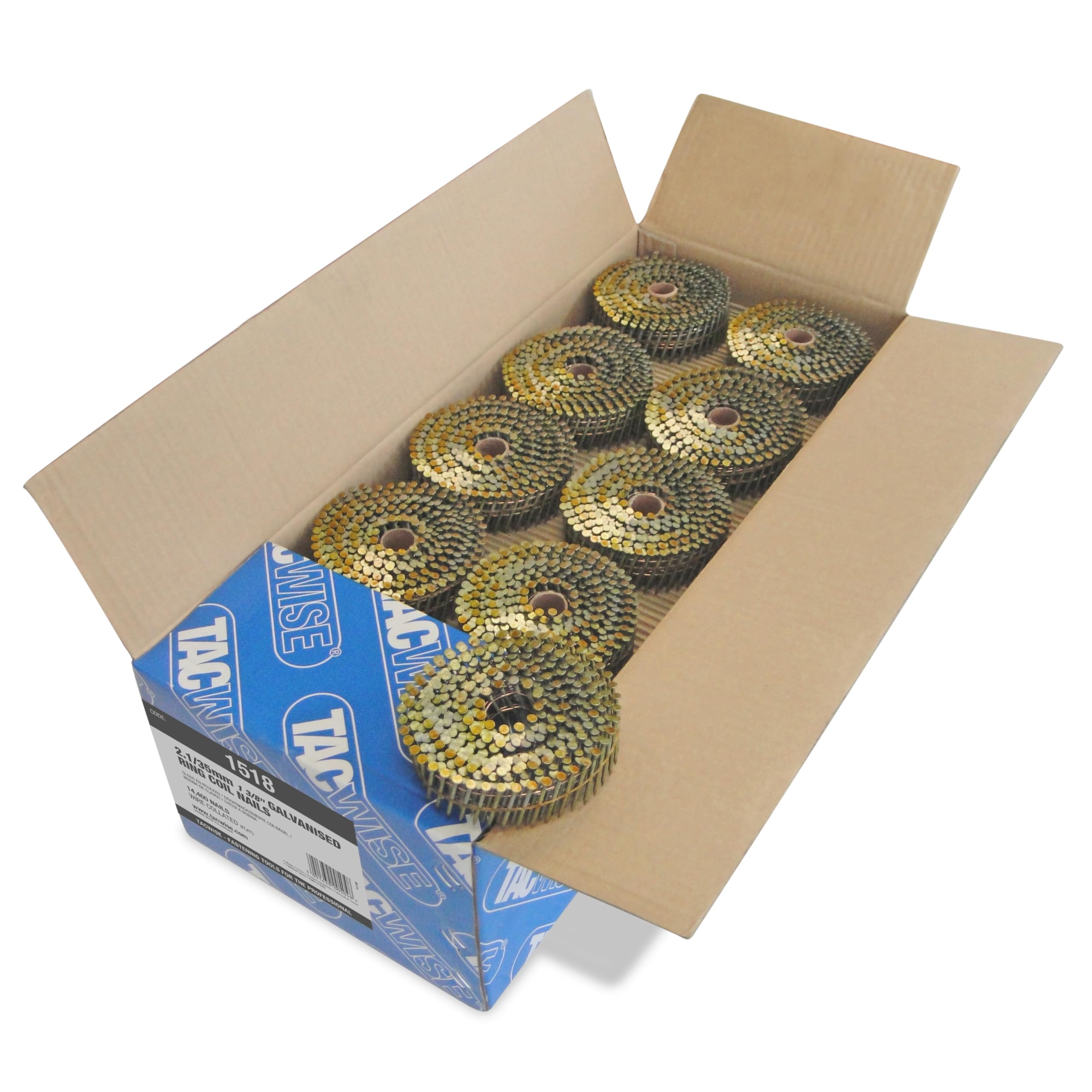 Tacwise 1518 Clous Galvanisés en Rouleaux à Tête Plate de Type 2,​1/​35 mm, Pointe Emoussée, Tige Annelée, Incliné à 16°, Reliés en Fil, Lot de 14.400