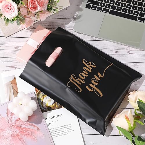 Miniatura 7 de Sabary 200 bolsas de plástico reutilizables pequeñas de 9 x 12 pulgadas con asas troqueladas a granel para negocios, fiestas, tiendas, boutique,