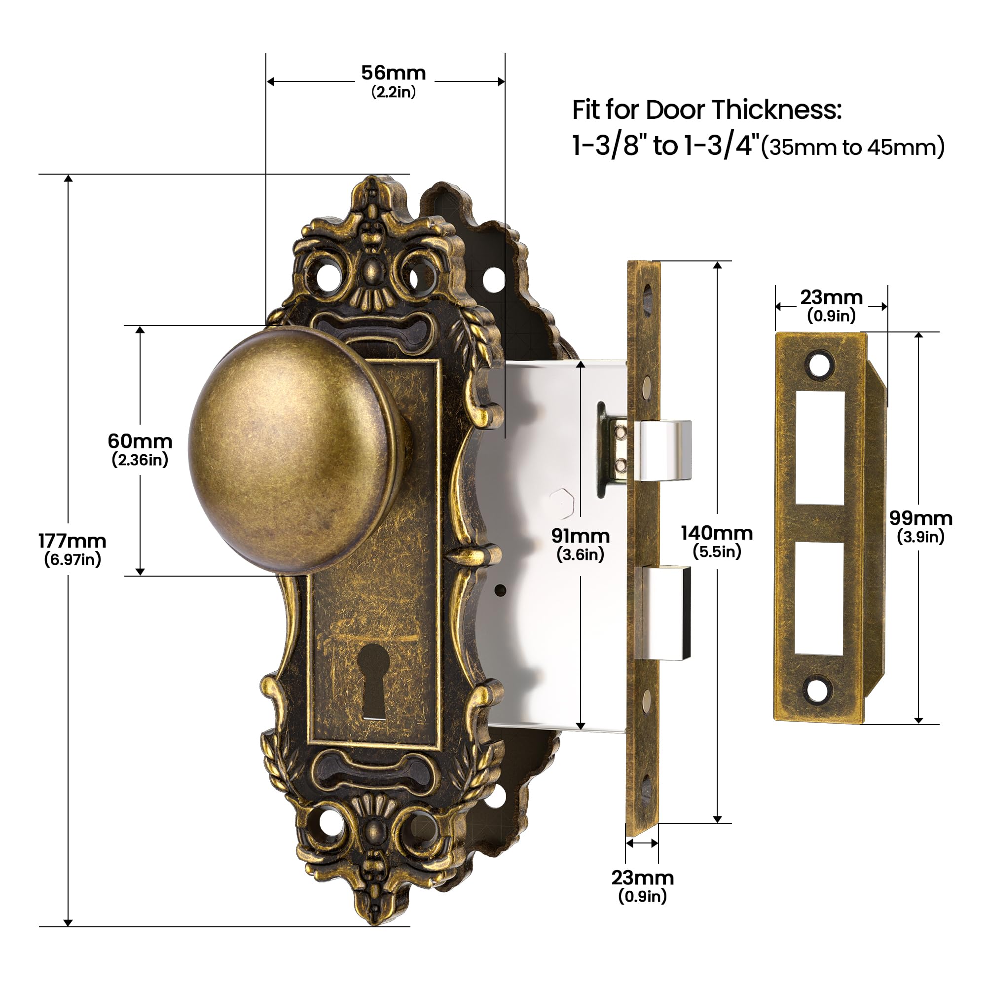 Vintage Mortise Lock Door Knobs - Antique Brass -3