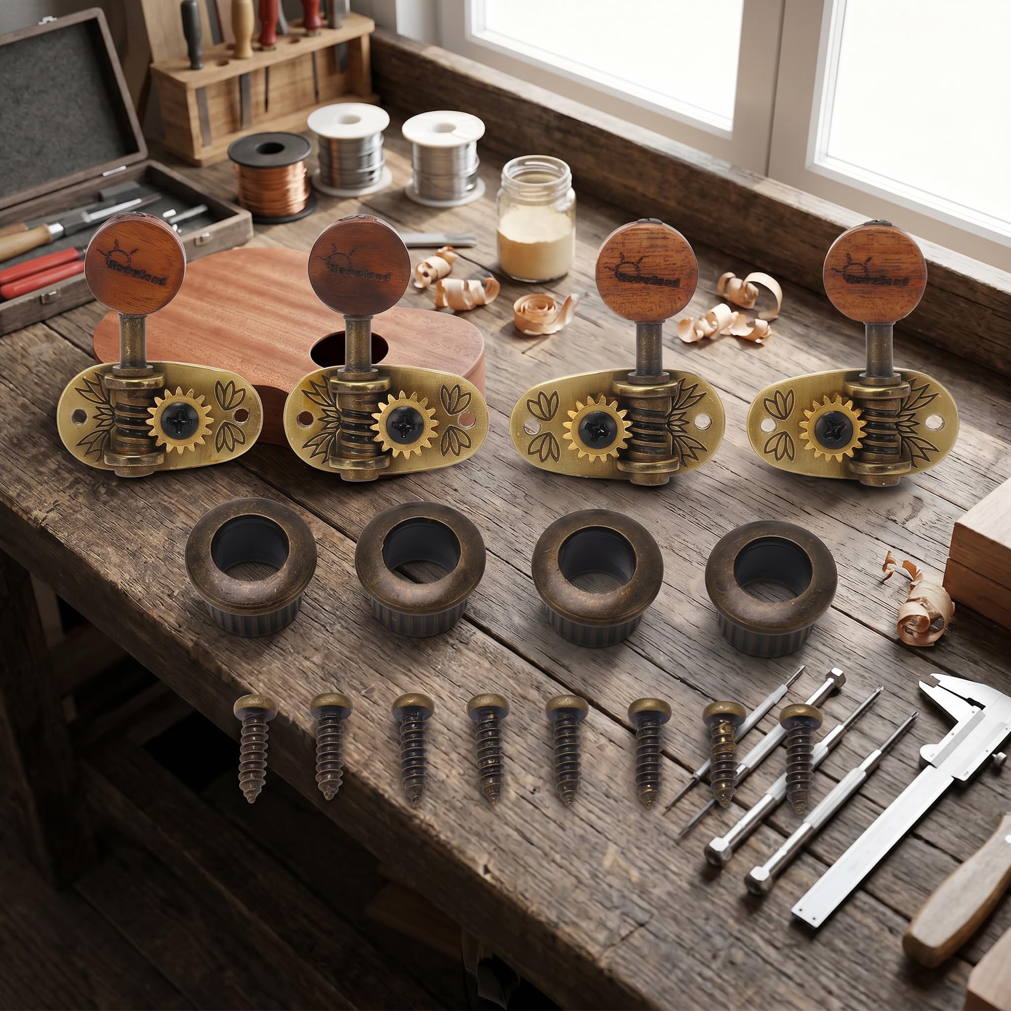 Chevilles de Réglage pour ukulélé, 4 Têtes de Machine Classiques 2L2R avec Boutons en Bois élégants pour Accessoires de ukulélé à 4 Cordes