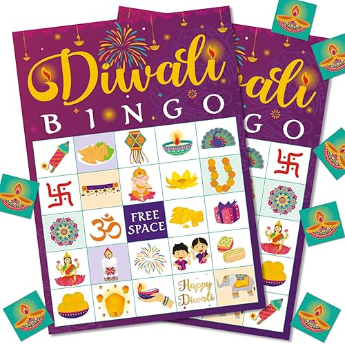 Bessmoso Diwali Juego de Bingo Happy Diwali Bingo Set Diwali Regalo Festival de Luces India Año Nuevo Fiesta Favores 24 Jugadores