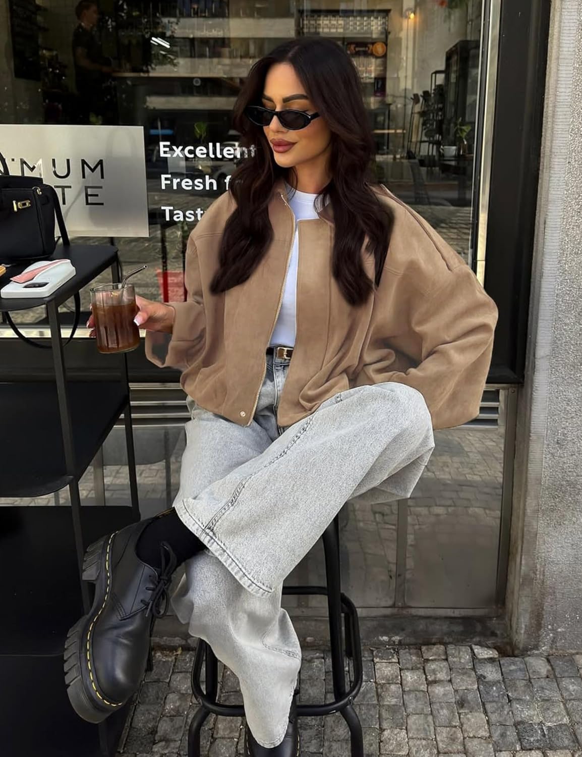 Women's Cropped Faux Suede Bomber Jacket Fall Casual Oversized Shacket Coat Long Sleeve Trendy Outerwear - Image 3