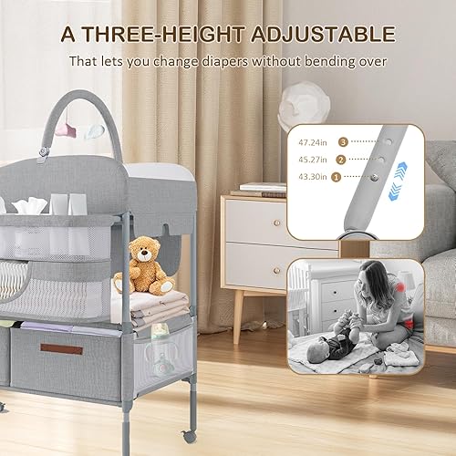 Miniatura 3 de Cambiador de bebé, versátil mesa cambiadora plegable, impermeable, plegable, altura ajustable, móvil, con ruedas silenciosas, 2 cajones, estación de