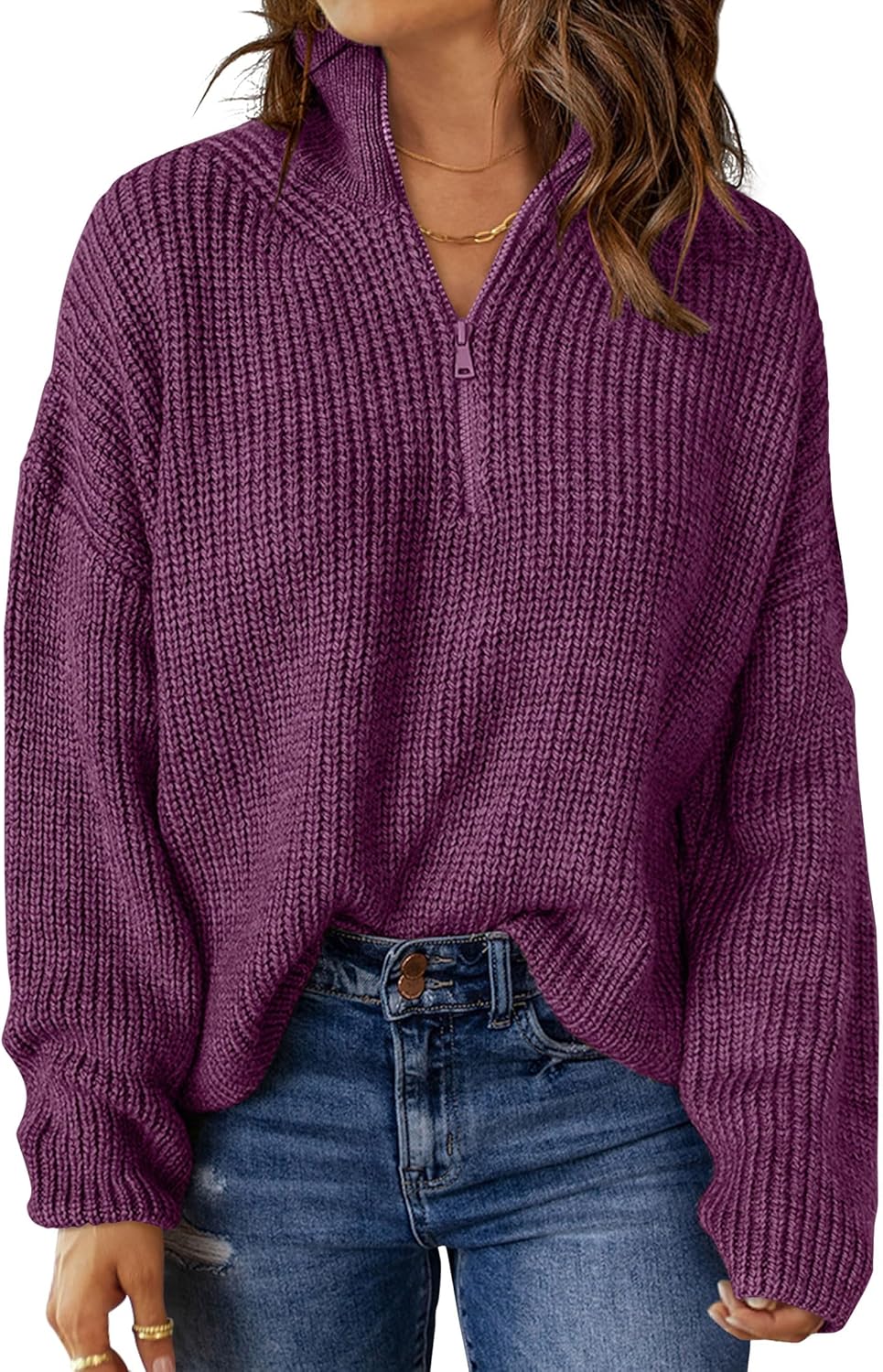 MEROKEETY Women's 2024 Long Sleeve Chunky Knit Sweaters 1/4 Zip Polo V Neck Casual Pullover Tops