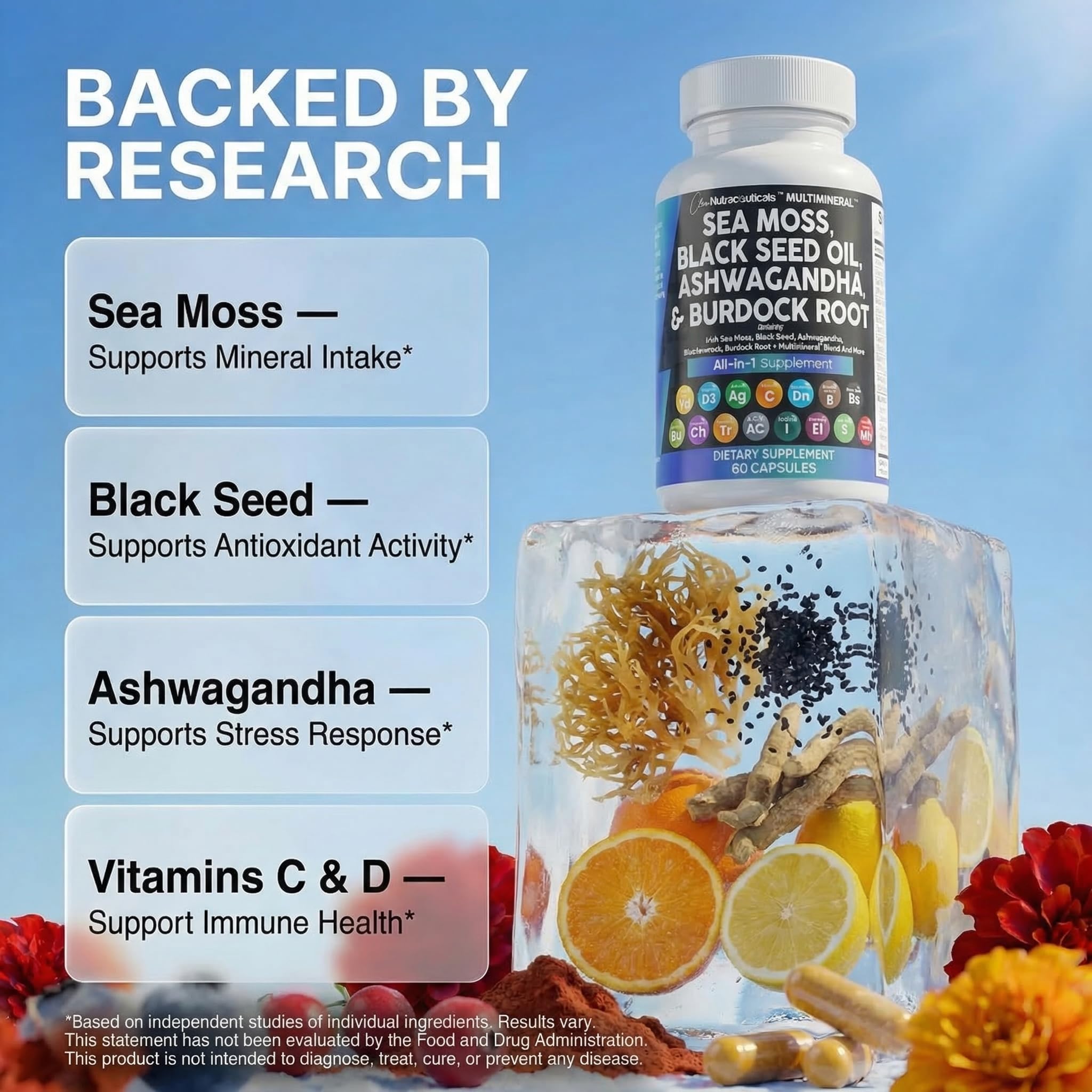 Clean Nutraceuticals Sea Moss Black Seed Oil Ashwagandha Turmeric Bladderwrack Burdock & Vitamin C Vitamin D3 with Elderberry Manuka Dandelion Yellow Dock Iodine Chlorophyll ACV - 3