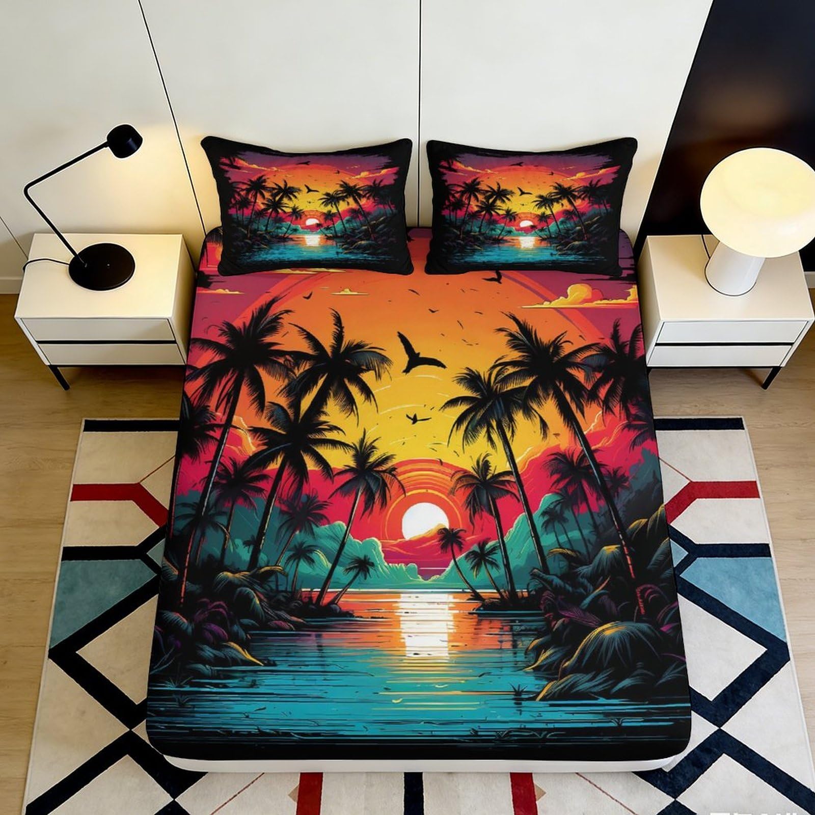 Pnayamiorkfel Style-5 3D Printed Tropical Sunset Fitted Sheet Microfiber Soft Beach Palm Mattress Cover For Bedroom Dorm Decor Protection 90X200x25cm