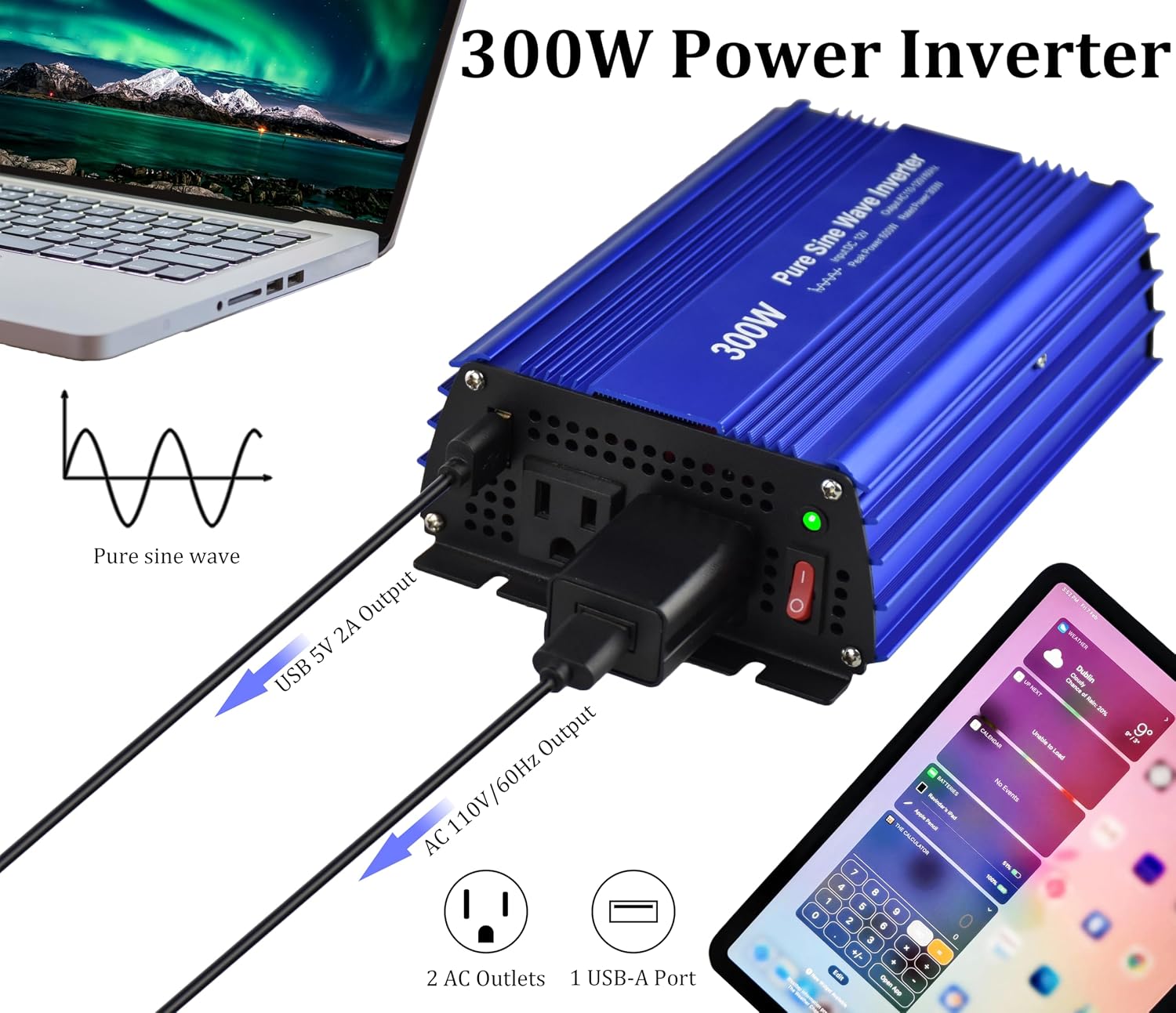 Pure sine Wave Inverter DC12V to AC110V 60Hz with Dual sockets and USB Output. (300W)