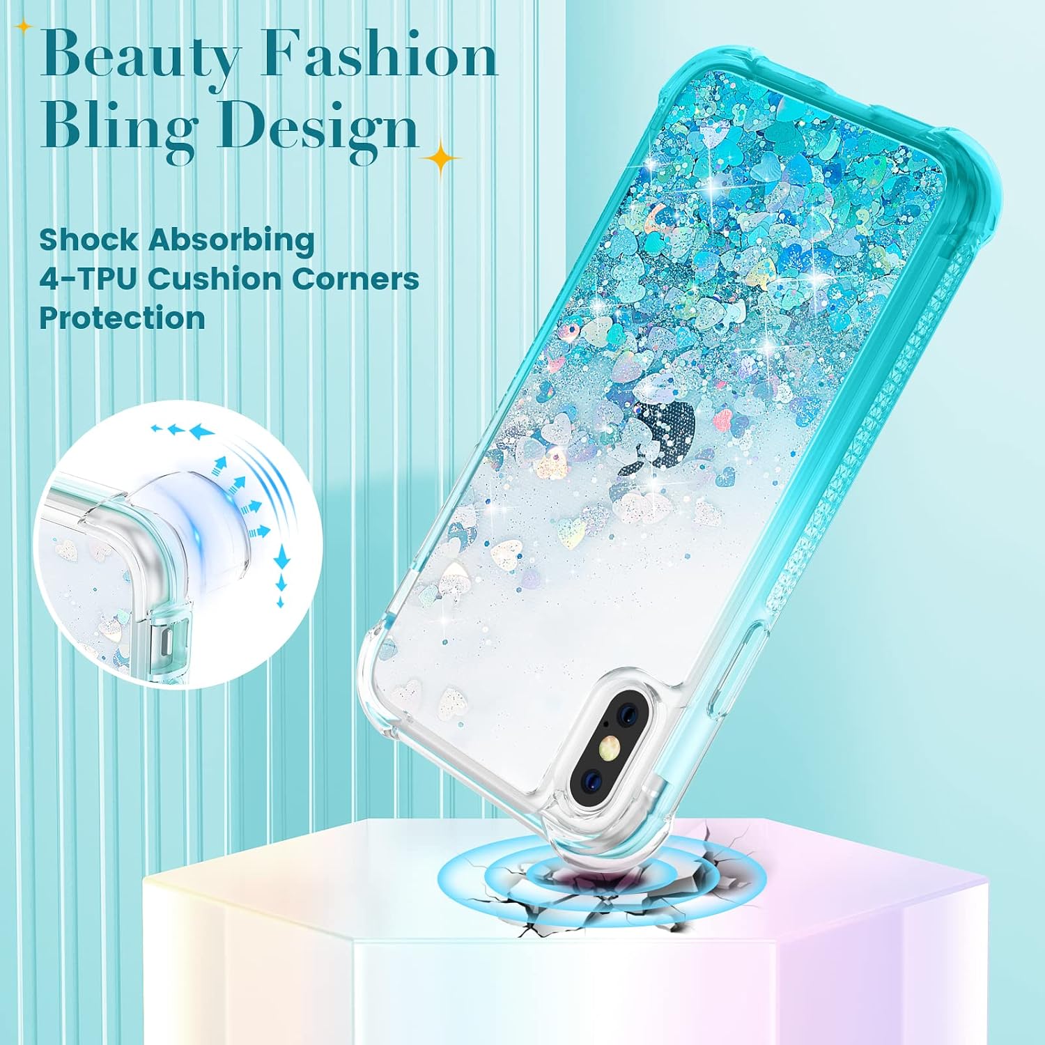 Ruky iPhone X Case, iPhone Xs Case, Full Body Rugged Glitter Liquid Case with Built-in Screen Protector Shockproof Protective Girls Women Phone Case for iPhone X iPhone Xs 5.8 inches (Gradient Teal)