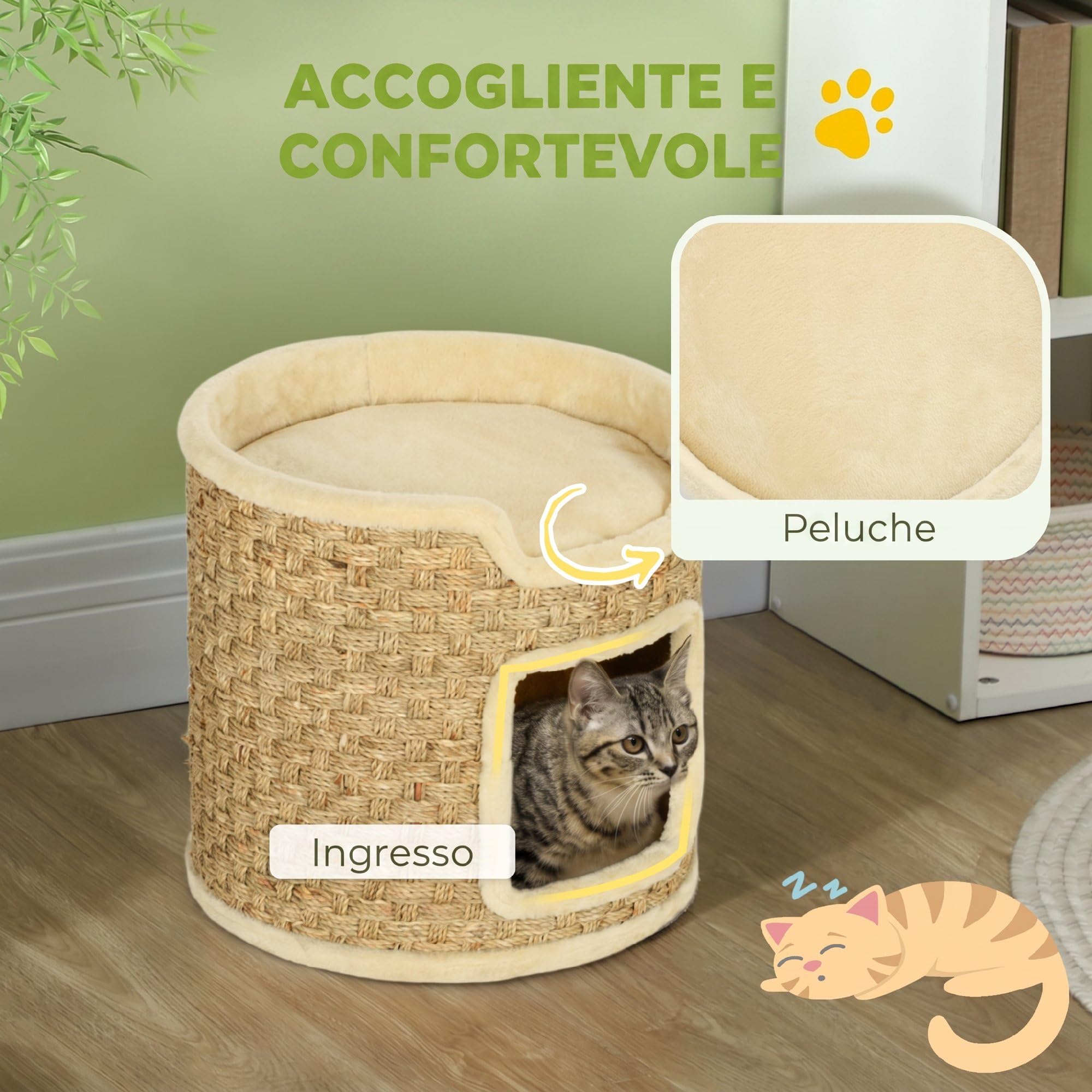 PawHut Albero Tiragraffi per Gatti Alto 37cm a 2 Livelli con Nicchia, Cachi | Torre per Gatti a Cilindro, Corda in Erba Marina e Sisal, Rivestimento in Peluche, Fino a 5 kg