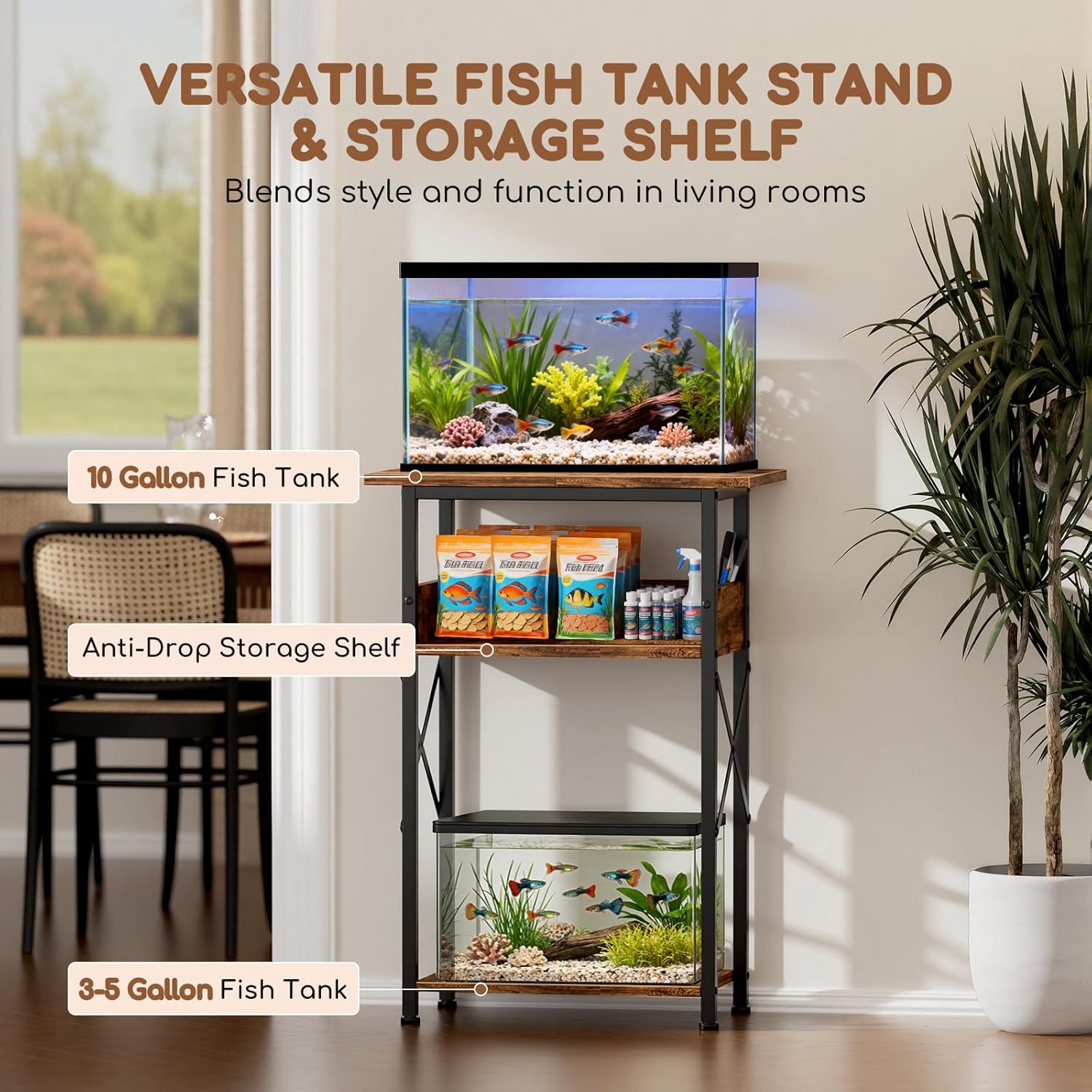 10 Gallon Fish Tank Stand with Storage Shelves, 3-Tier Aquarium Stand with Rust-Proof Metal Frame, Heavy Duty Waterproof Reptile Turtle Tank Stand for Home Office Up to 150LBS, 21.5" L x 11.5" W x 30" H, Rustic Brown
