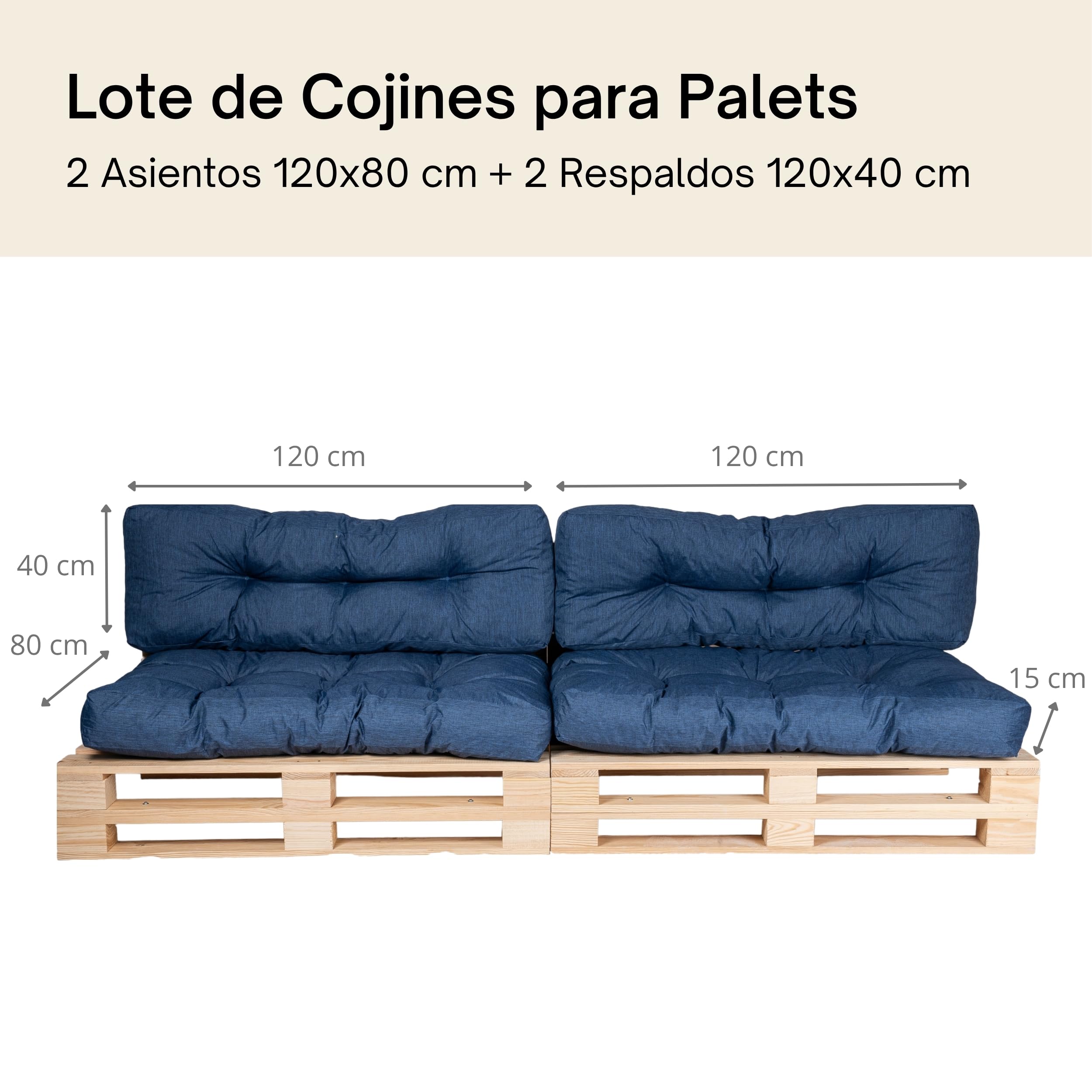 bananair - Cojines para Palets - Tela Resistente, Anti-UV y Repelente al Agua - Muy Cómodo, Relleno de Espuma - Cojines Exterior para Jardín y Terraza (2 Asientos 120x80 y 2 Respaldos 120x40, Azul)