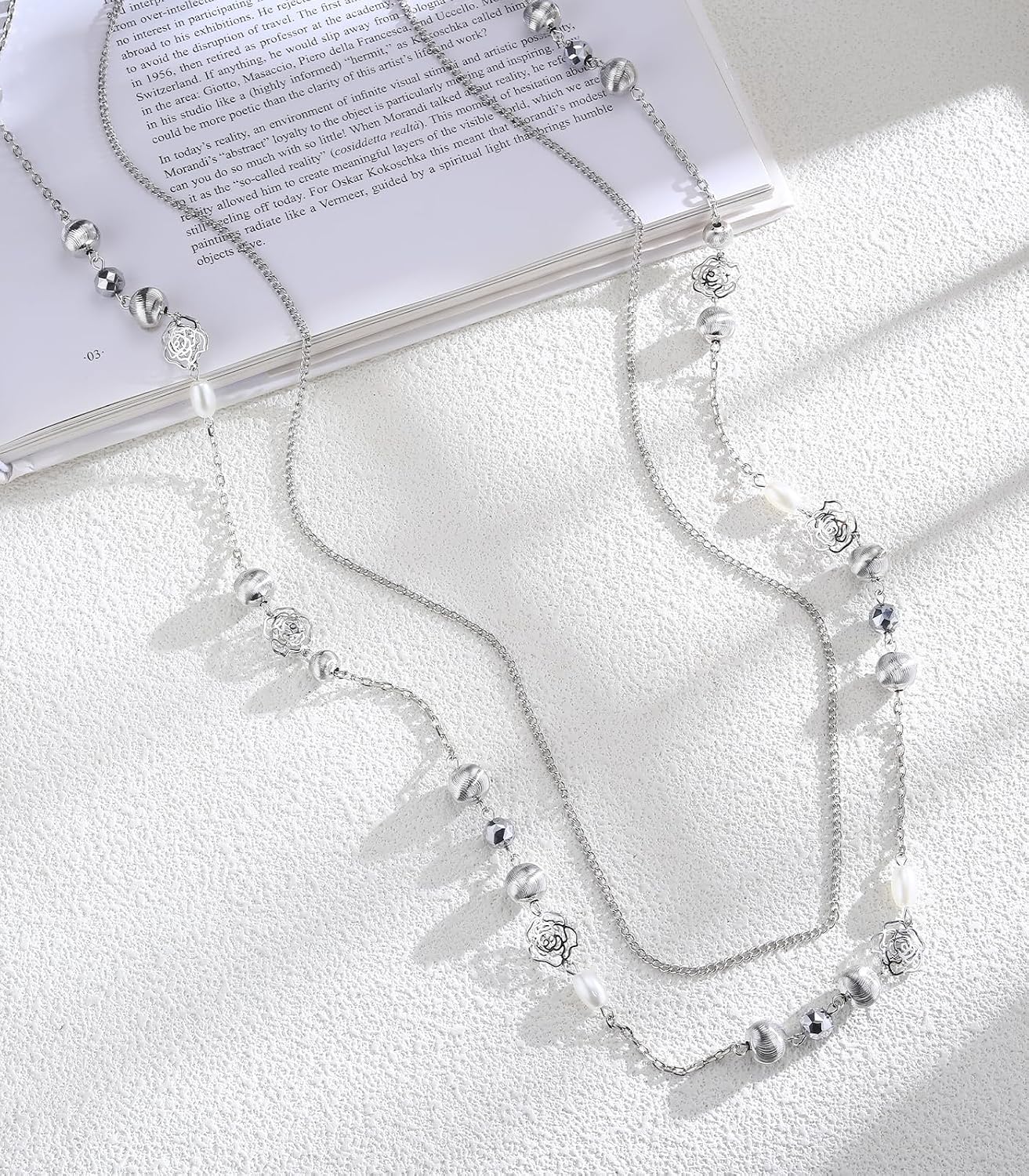 FULU AUTUMN Long Layered Silver Necklaces for Women - Natural Stone and Dainty Flower Beaded Sweater Chain Fashion Jewelry Gifts