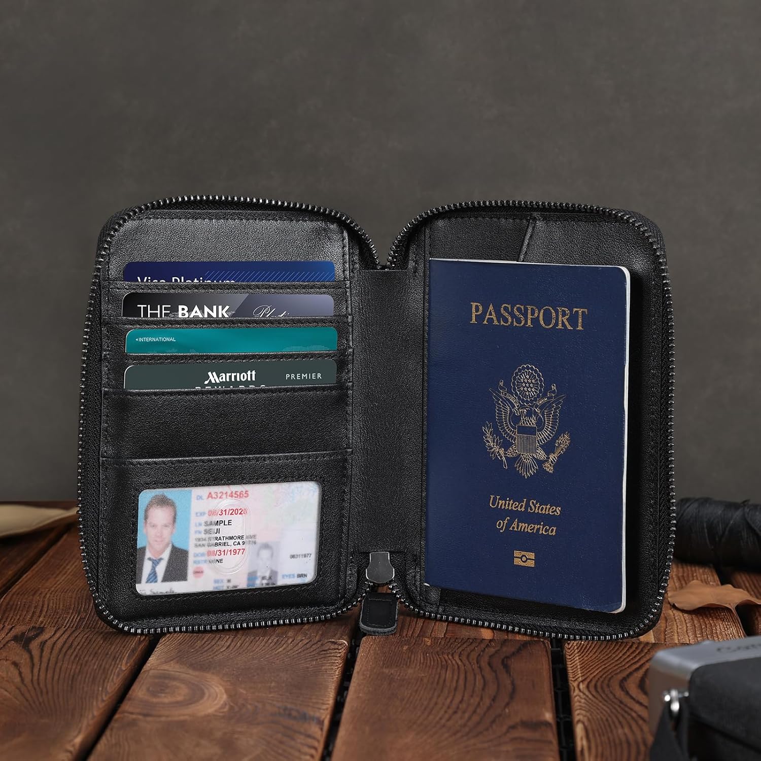 Polare Full Grain Leather Travel Passport Wallet RFID Blocking Passport Holder Soft Bifold Cover Case with YKK Zipper (Black with AirTag Slot)