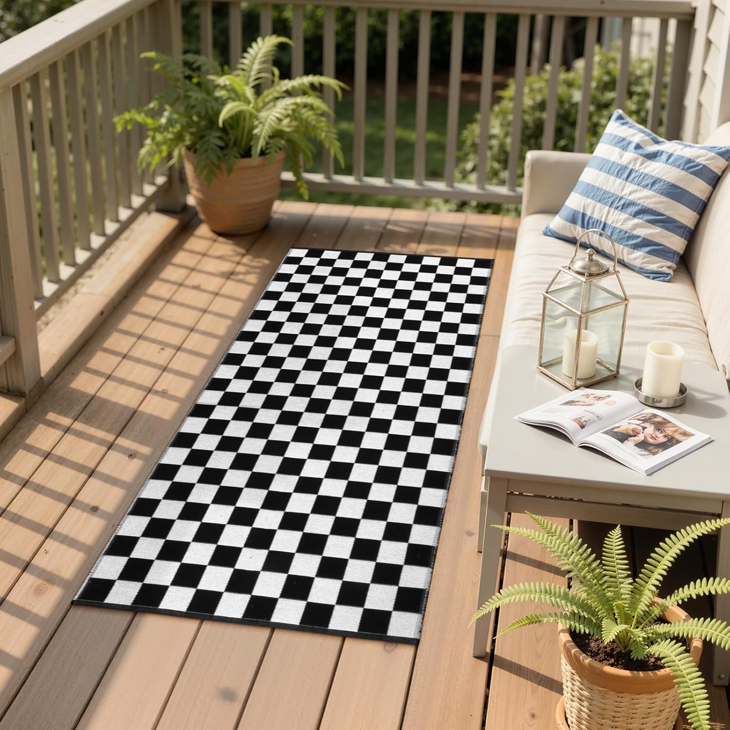 Seavish Checkered Rug, 2x4 Ft Black and White Outdoor Checkerboard Rug, Low Pile Washable Cotton Woven Runner Rugs, Reversible Layered Floor Mat for Front Door Hallway Entryway Porch Patio